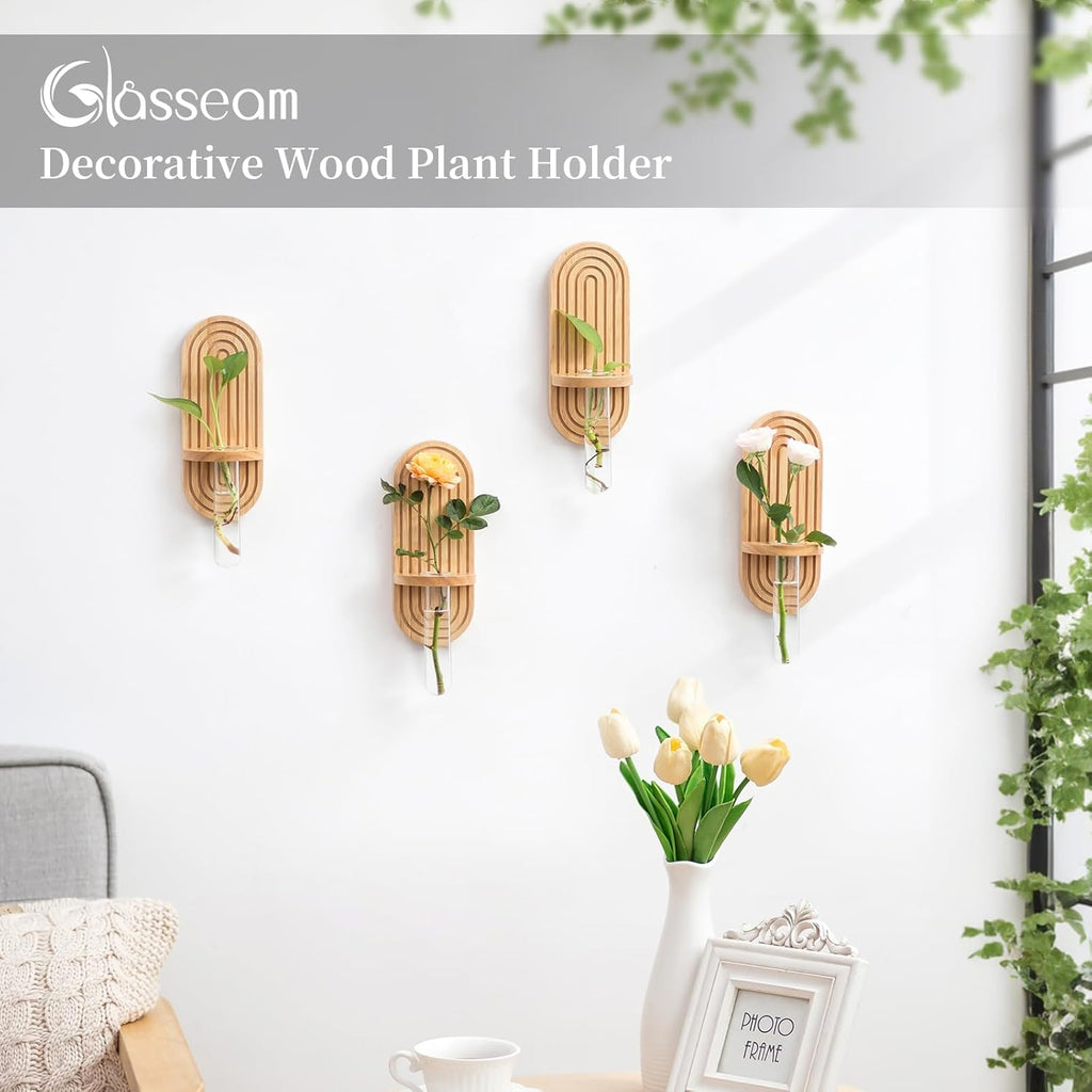 Glasseam Hanging Plant Propagation Stations: Rustic Wall Planter Set of 4 Planters for Indoor Plants Wood Plant Holder Decorative Glass Terrarium Test Tube Propogation Vase for Home Office Decor