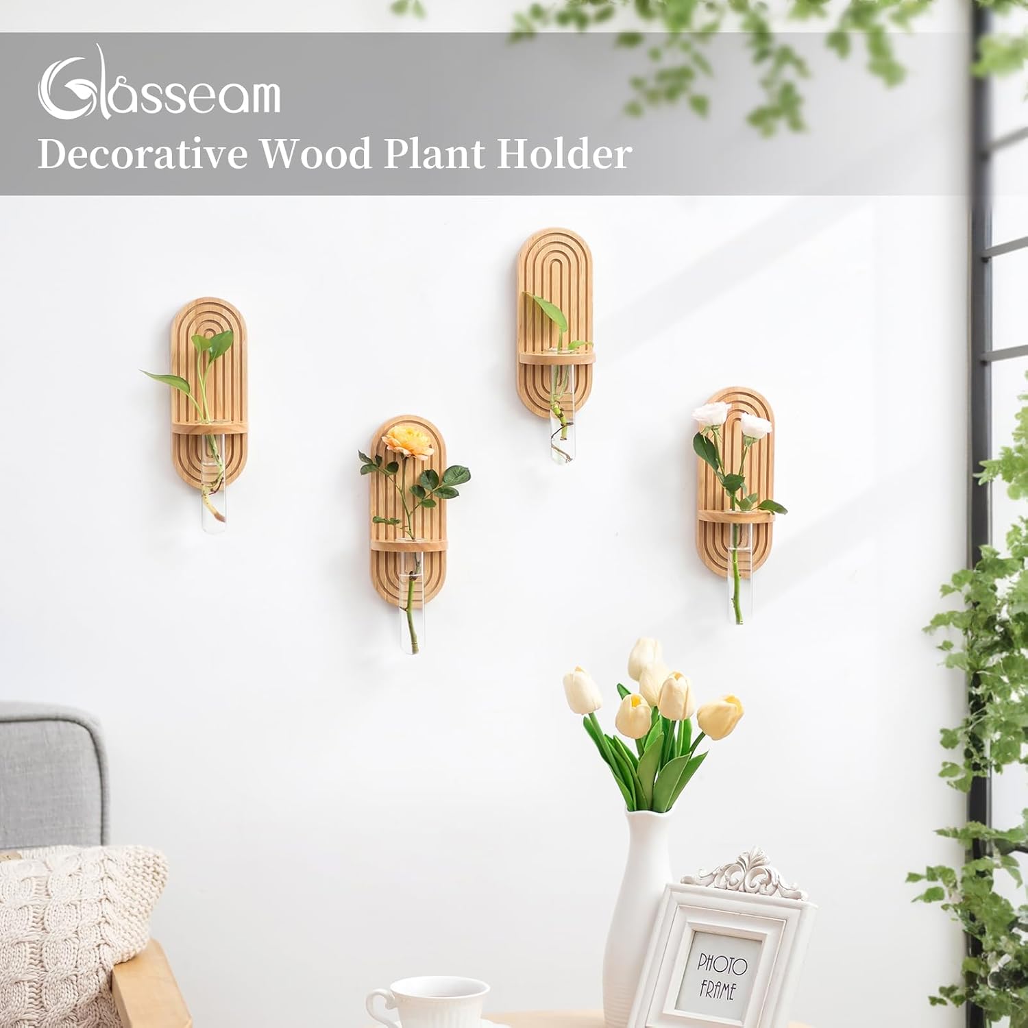 Glasseam Hanging Plant Propagation Stations: Rustic Wall Planter Set of 4 Planters for Indoor Plants Wood Plant Holder Decorative Glass Terrarium Test Tube Propogation Vase for Home Office Decor