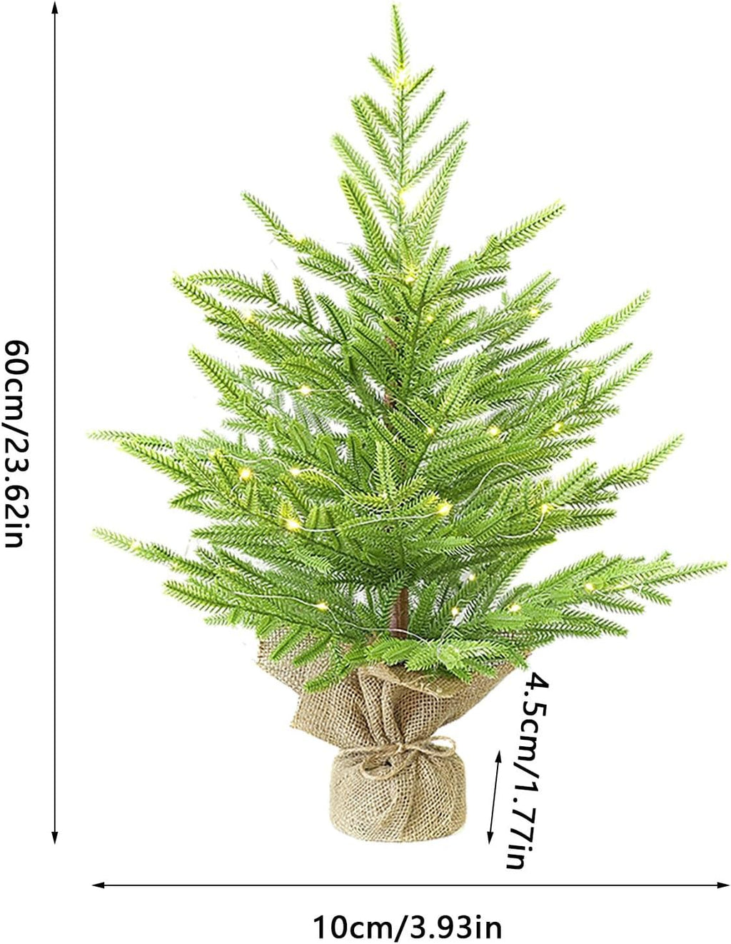 24 Inch Pre-Lit Artificial Mini Christmas Tree with Twinkling Warm LED Lights and Realistic Norfolk Pine, Solid Burlap Base Basin, for Xmas Home, Office, Tabletop, Party Decoration