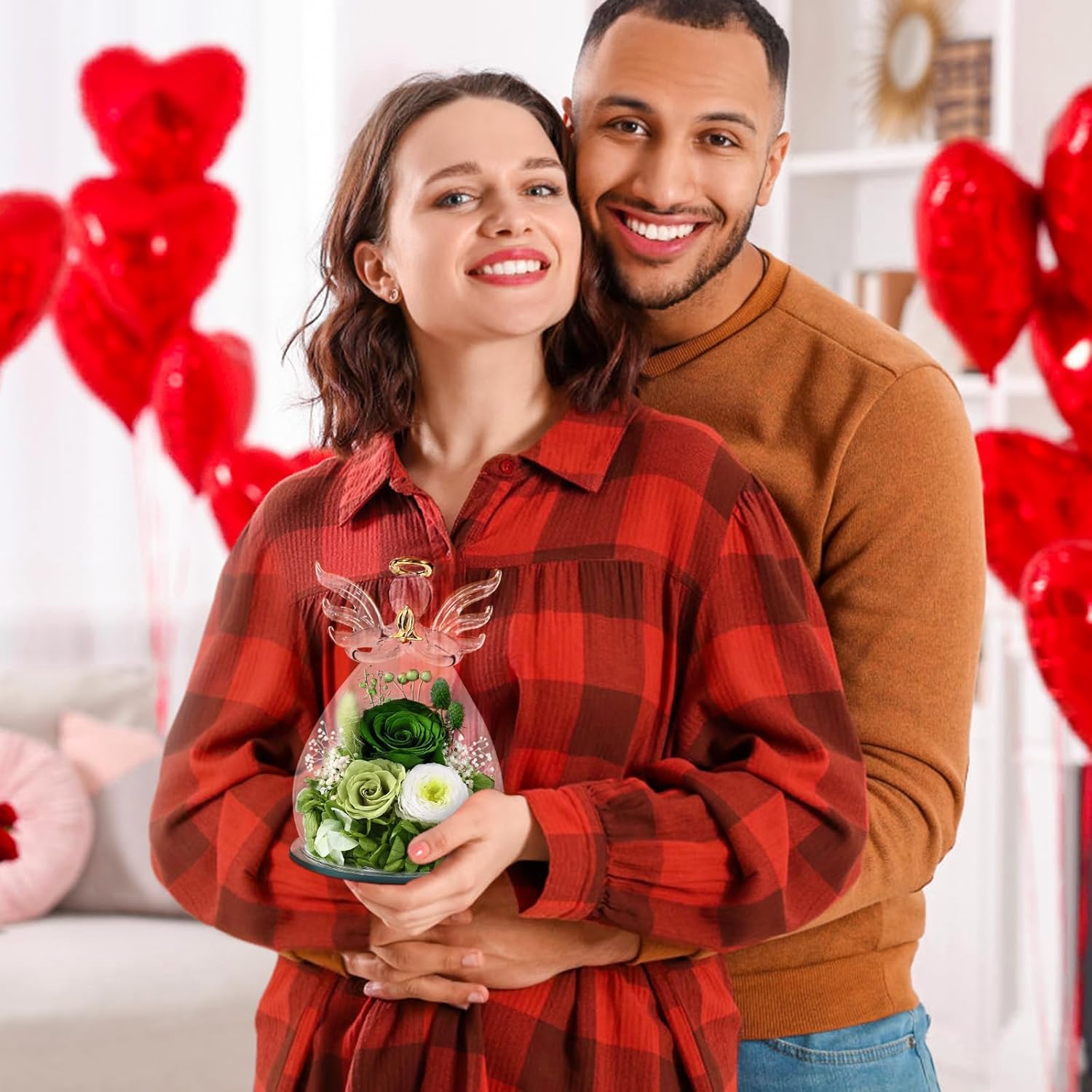 FIACO Gifts for Women Birthday Preserved Rose Forever Flower in Glass Angel Figurines Fresh Flowers for Delivery Prime for Mom Real Green Roses for Grandma Sister Wife Her from Daughter