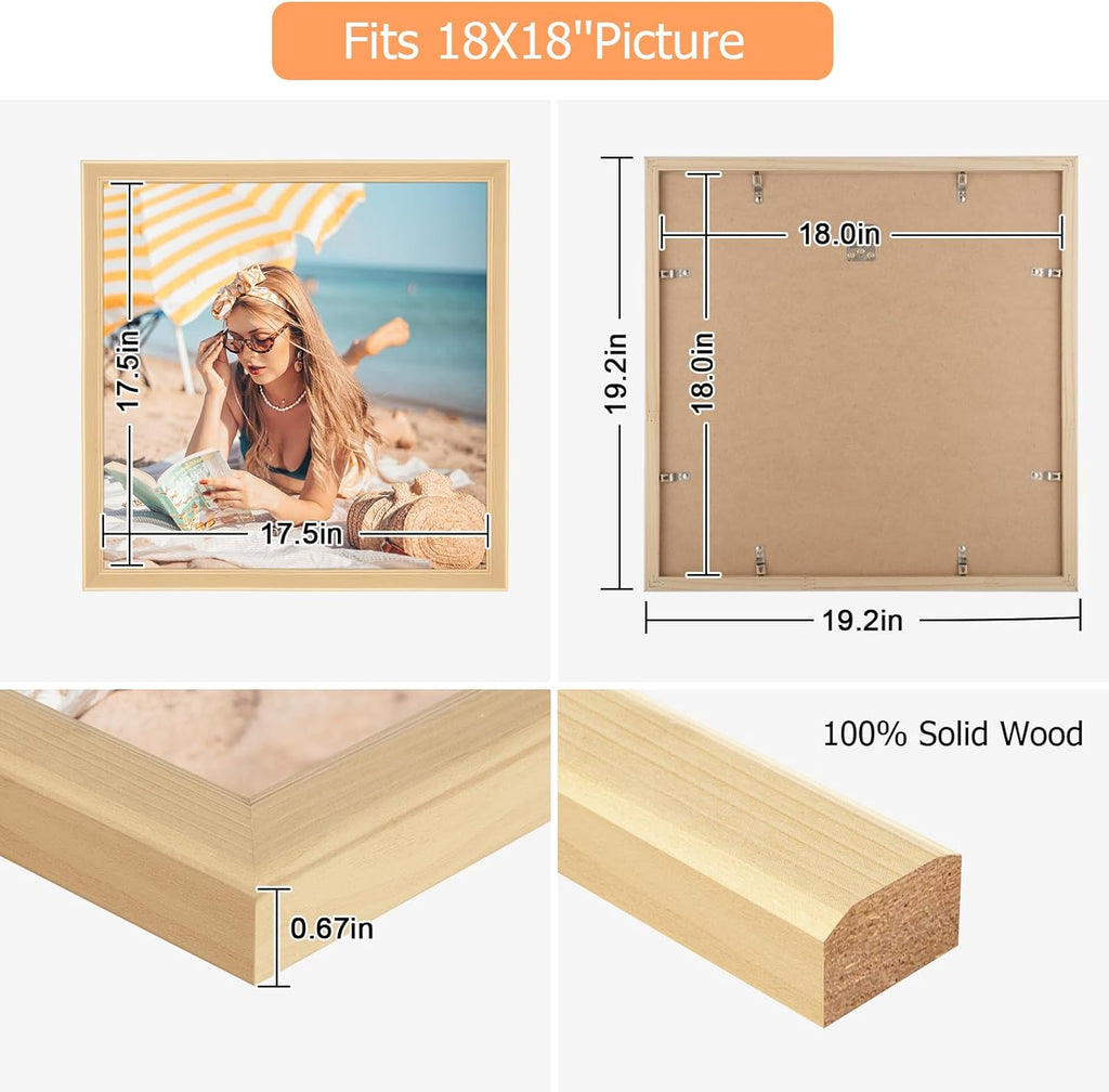 18x18 Wood Frame, Rustic Natural Wooden 18x18in Poster Picture Frame, Modern Beige Woodgrain 18 x 18inch Gallery Wall Photo Frame with HD Plexiglass, Horizontal Vertical Wall Mounting Display 1pcs