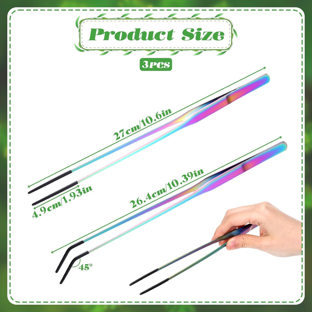 2 Pcs Stainless Steel Reptile Feeding Tongs with Rubber Tip, Straight Curved Tweezers, Aquarium Tweezers, Feeder Tools for Bearded Dragon, Lizards, Terrarium Supplies (10.6 Inch, Color)