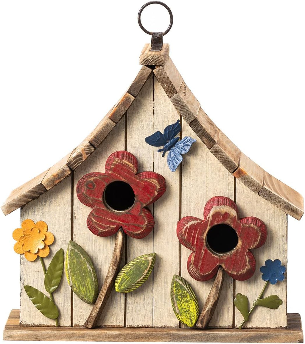 Glitzhome 10.75" L Distressed Solid Wood Hanging Birdhouse with 3D Flowers Rustic Two-Story Townhouse Hand-Painted Garden Bird Houses for Outdoors,Washed White