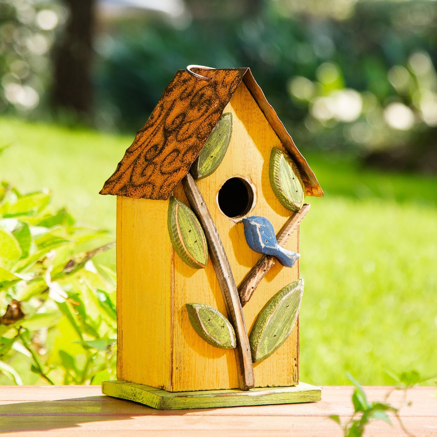Glitzhome Bird Houses for Outside, 9.7" H Rustic Hanging Birdhouse Decorative Pet Cottage Distressed Wooden Birdhouse with 3D Tree Bluebird House for Outdoor Patio Garden, Yellow