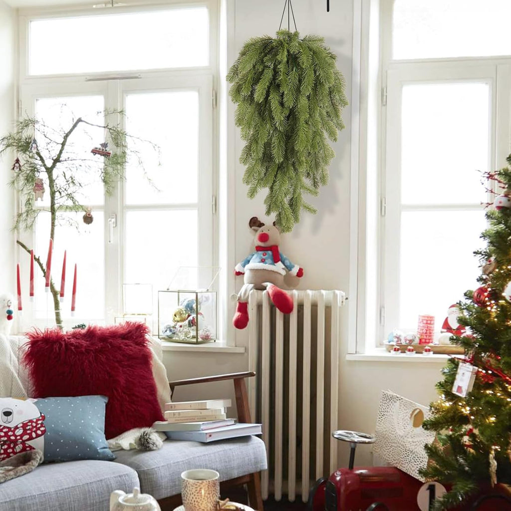 SJL Christmas Swags Stairway Swag, Hanging Teardrop Ornament Faux Winter Pine Wreath Christmas Pine Branches Outdoor Hanging Plants Winter Teardrop Wreath Holiday Decorations for Porch Yard(Green)