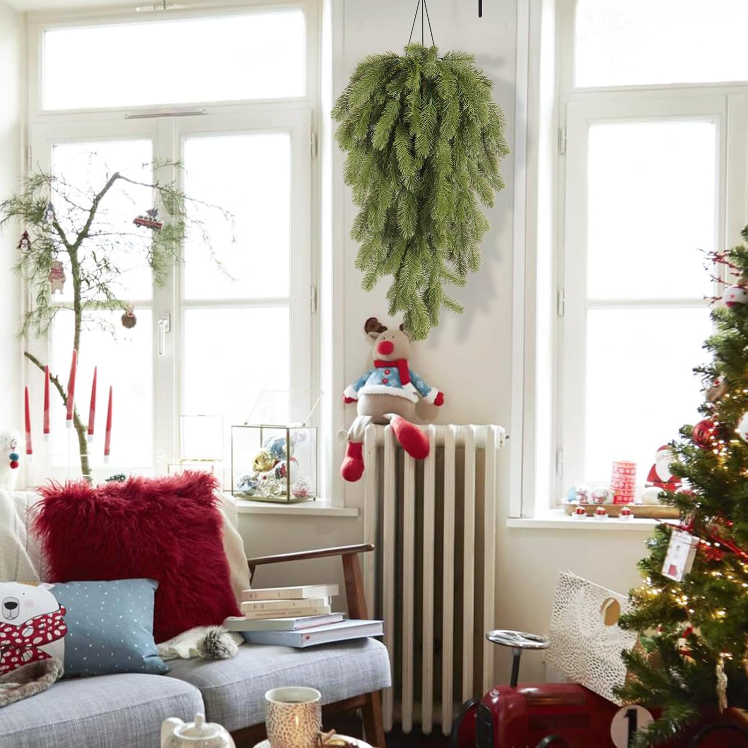 SJL Christmas Swags Stairway Swag, Hanging Teardrop Ornament Faux Winter Pine Wreath Christmas Pine Branches Outdoor Hanging Plants Winter Teardrop Wreath Holiday Decorations for Porch Yard(Green)
