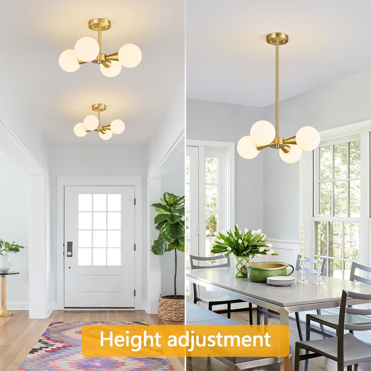 Mid Century Modern Ceiling Light with Milk White Glass lampshade Gold Semi Flush Mount Ceiling Light Fixture Sputnik Chandelier for Bedroom Living Room Dining Room Foyer Hallway(4-Lights)