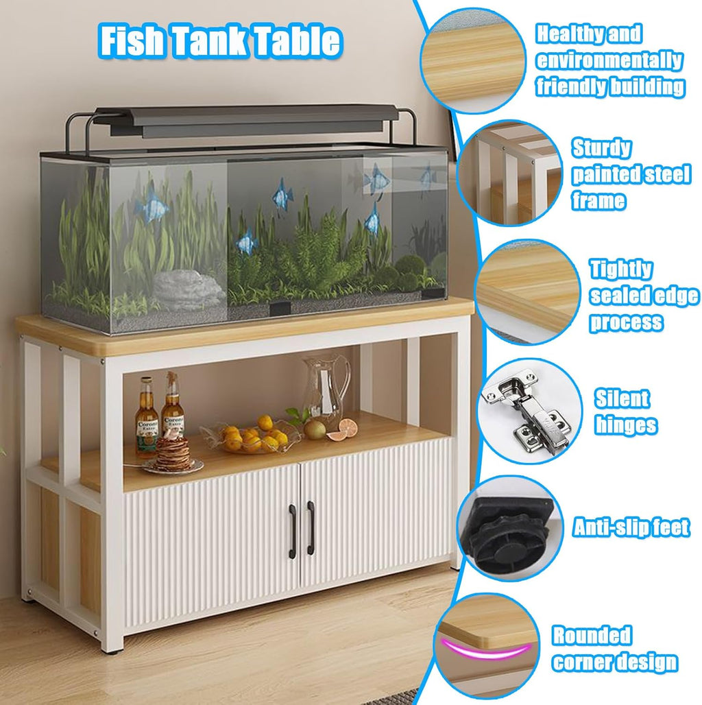5-75Gallon Aquarium Stands,3 Tier Metal Frame Fish Tank Stand with Cabinet Storage,Reptile Tank Stand for Home Living Room Bedroom Office,2200LBS Capacity (White+Light Mahogany, L39.4″*W15.7″*H23.6″)