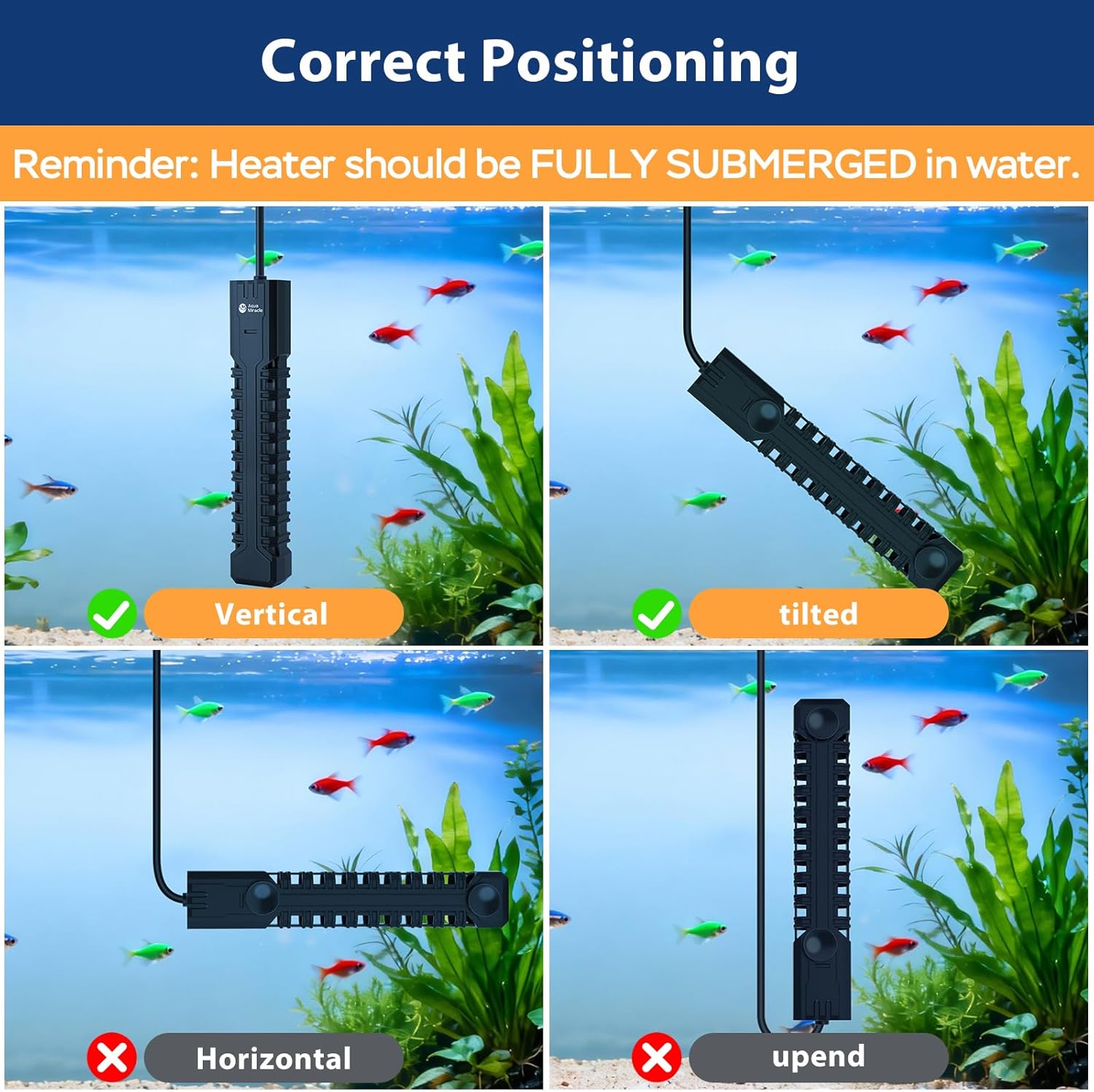 AquaMiracle 500W Submersible Aquarium Heater with LED Digital Display Thermostat, Fish Tank Heater Turtle Heater with Protective Housing, for Tanks 75-120 Gallons