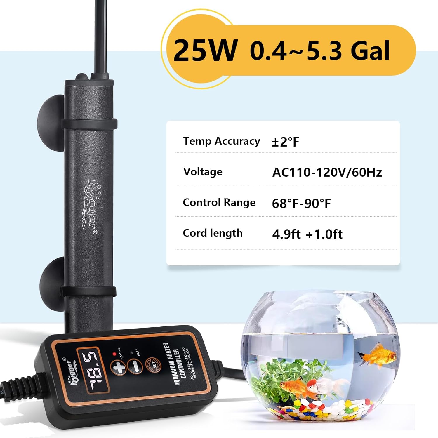hygger Mini Submersible Aquarium Heater, Turtle and Betta Fish Tank Heater with Digital Display External Controller Freshwater