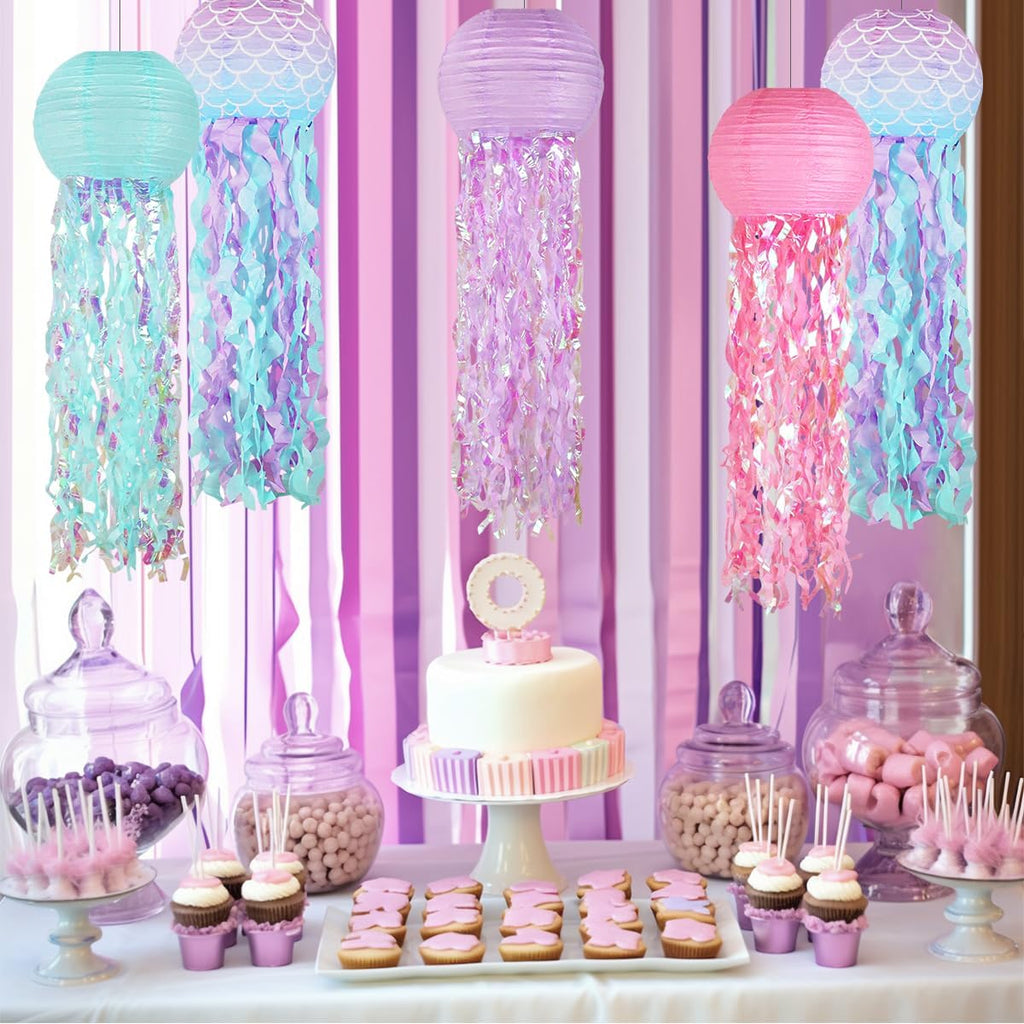 Mermaid Birthday Decorations, Jellyfish Paper Lanterns Pink Lavender Blue Mermaid Scales Hanging Lantern for Baby Shower Theme Under The Sea Ocean Birthday Party Decorations Set of 5