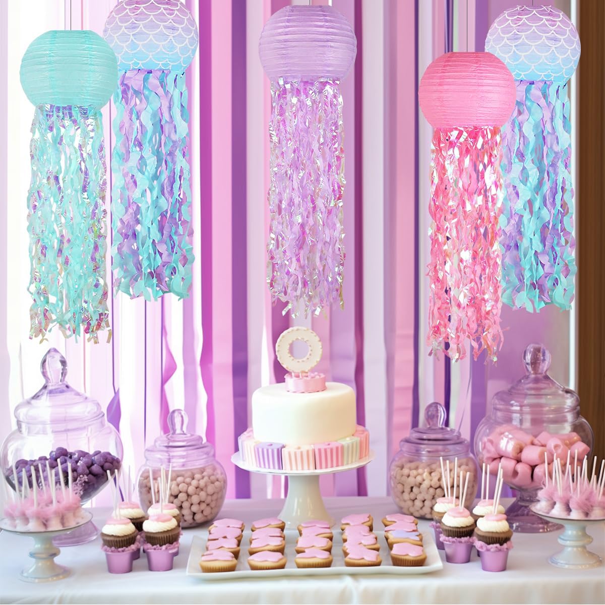 Mermaid Birthday Decorations, Jellyfish Paper Lanterns Pink Lavender Blue Mermaid Scales Hanging Lantern for Baby Shower Theme Under The Sea Ocean Birthday Party Decorations Set of 5