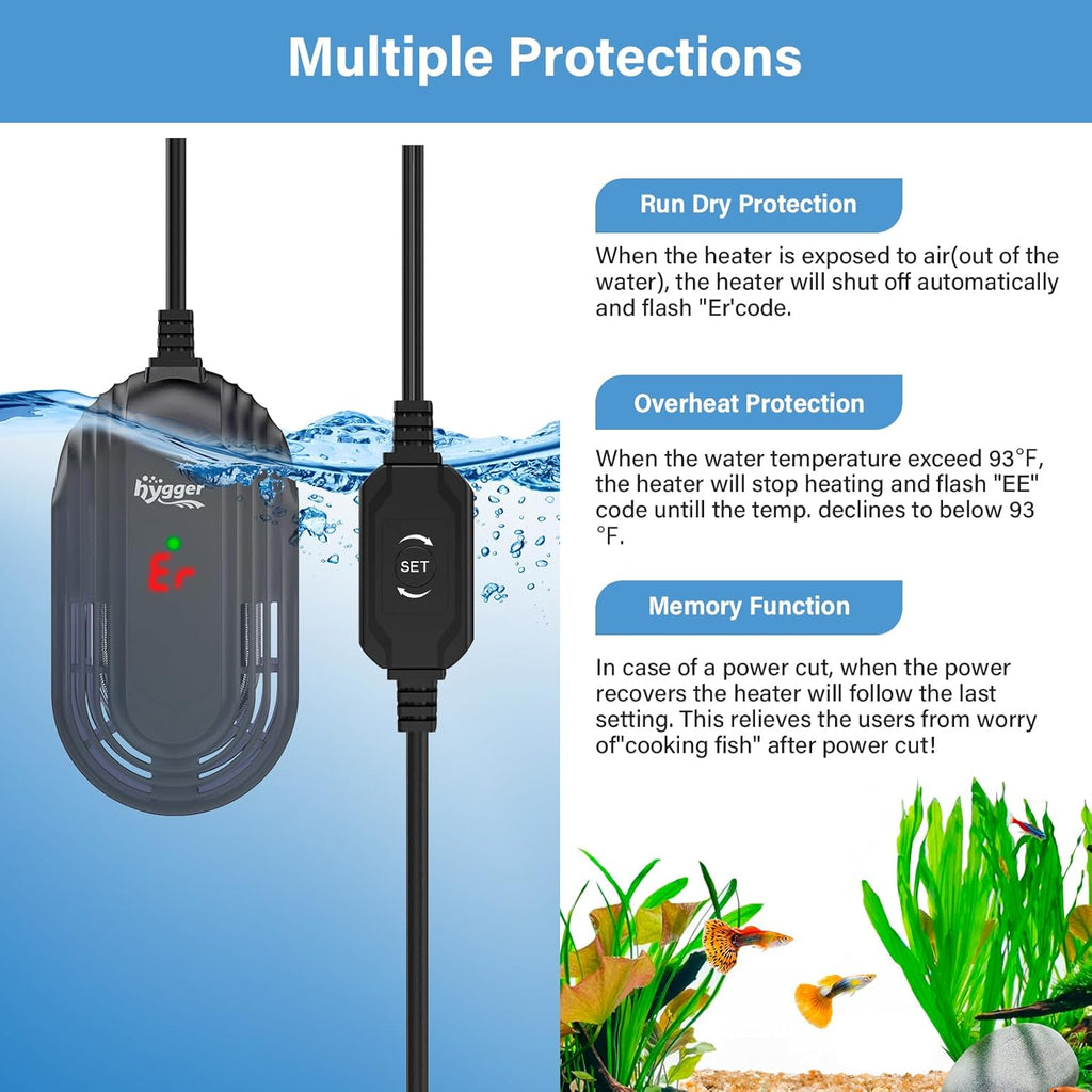 hygger Small Aquarium Heater, 100W Submersible Betta Fish Tank Heater with Adjustable Temperature External Controller, Turtle Heater with LED Display for up to 20 Gallon Tanks