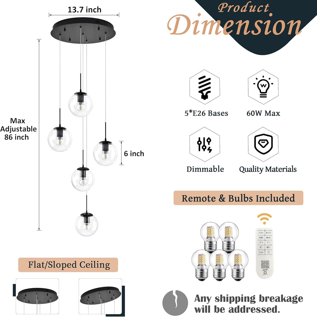 KoKo&Yukina 5-Light Globe Glass Pendant Light Adjustable Length Pendant Lights Modern Black Clear Globe Glass Chandelier High Ceiling Lights Fixtures for Foyer Staircase Entryway (Bulb & Remote Incl)