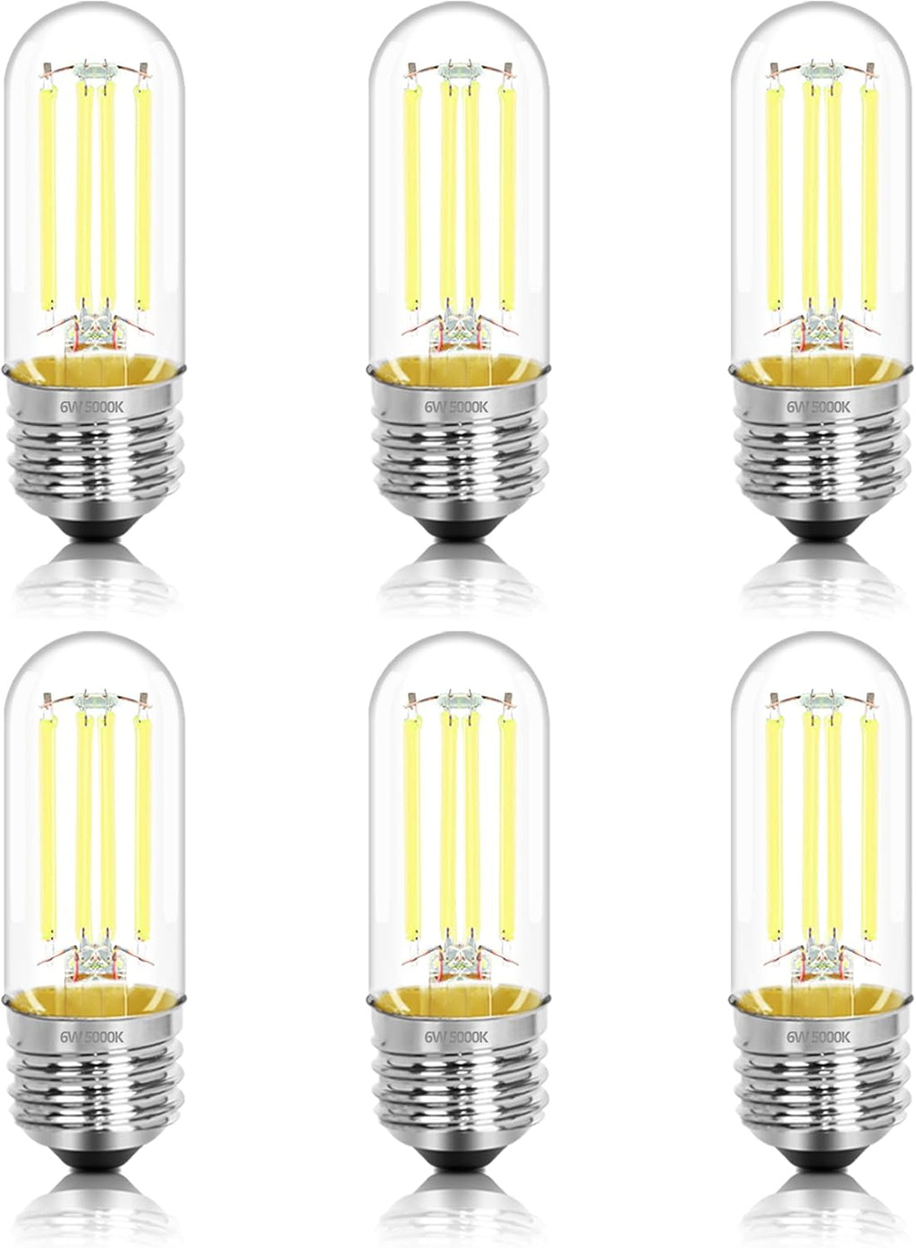 3.2 Inch 5000K Daylight White E26 LED Bulb 60 Watt Equal, AC 120V 600LM Edison Bulbs Dimmable, 6W T10 T30 Filament Light Bulbs Clear Glass for Fan Pendant Wall Light, UL Listed-6 Pack