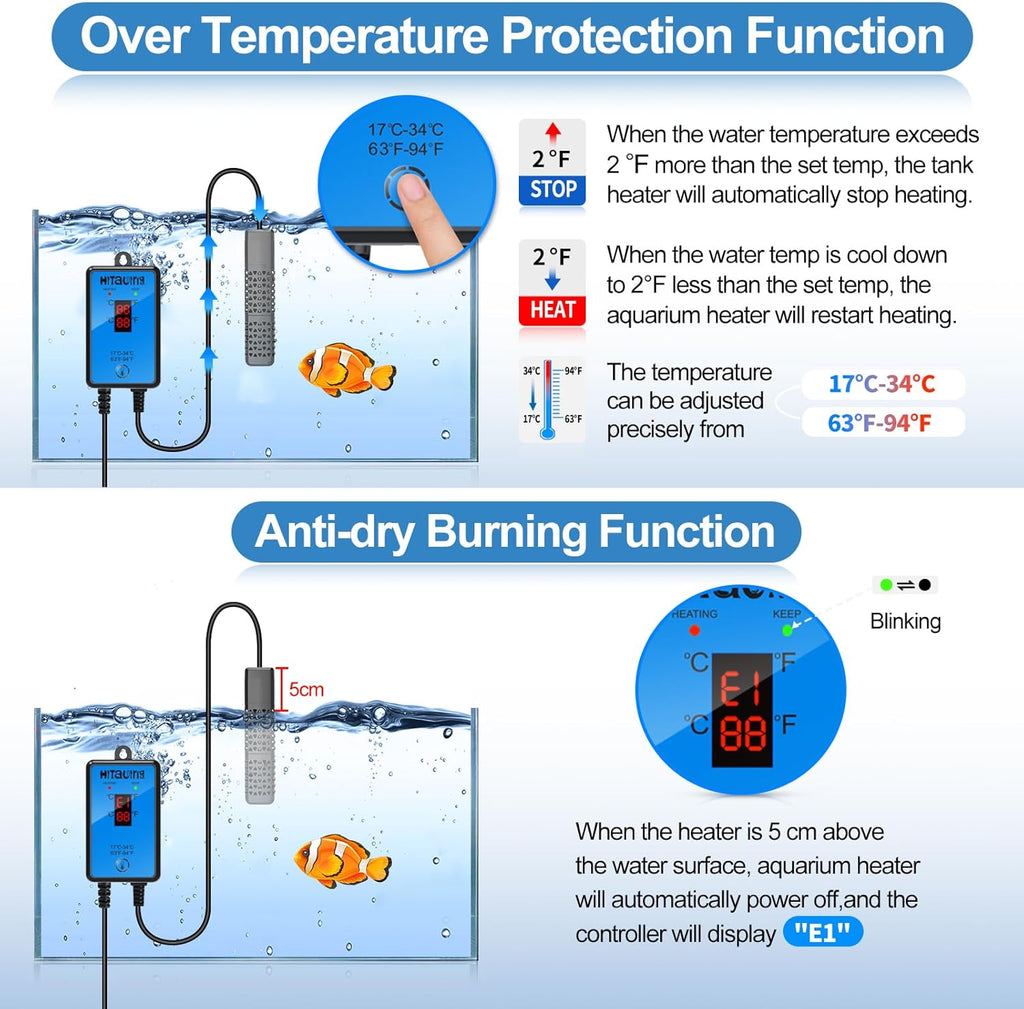 HiTauing Aquarium Heater, Upgraded 100W Fish Tank Heater with Intelligent Leaving Water Automatically Stop Heating and Advanced Temperature Control System, Suitable for Saltwater and Freshwater