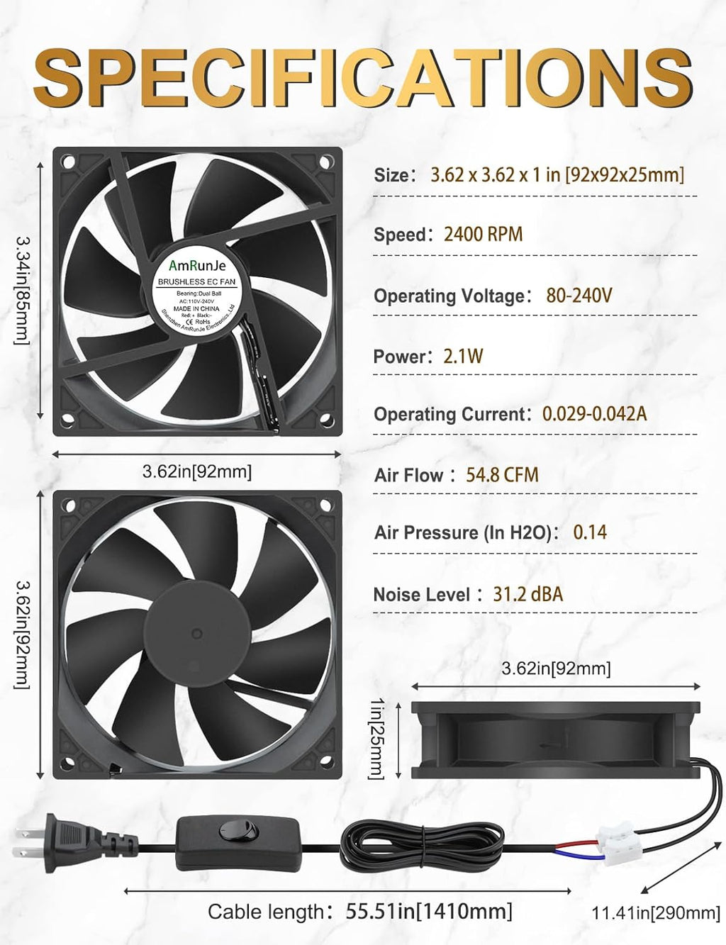 EC Cooling Fan 110V 115V 120V 220V 240V 92mm X 25mm AC High Speed Dual Ball Bearing for Receiver PS4 Cabinet Xbox Greenhouse Cooling