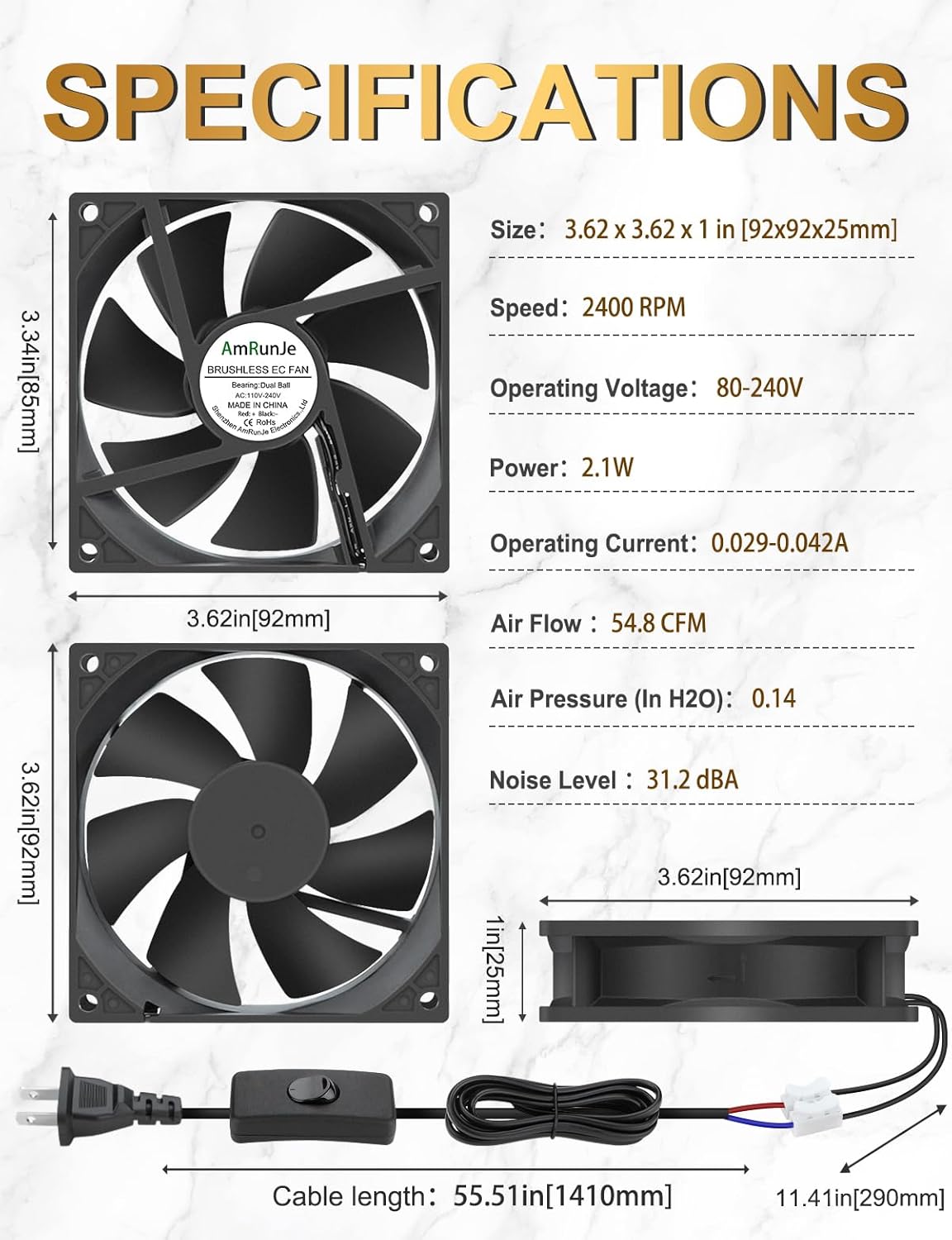 EC Cooling Fan 110V 115V 120V 220V 240V 92mm X 25mm AC High Speed Dual Ball Bearing for Receiver PS4 Cabinet Xbox Greenhouse Cooling