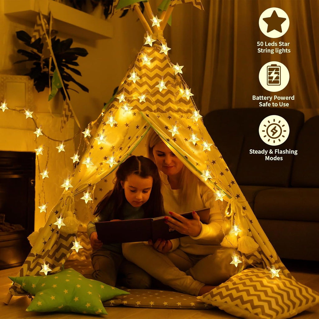 Star String Lights Battery Operated, 17 ft 50 LEDs, Christmas Fairy Lights, String Lights Battery Powered for Kids Bedroom Wedding Mantel Patio Dorm Decor, Warm White