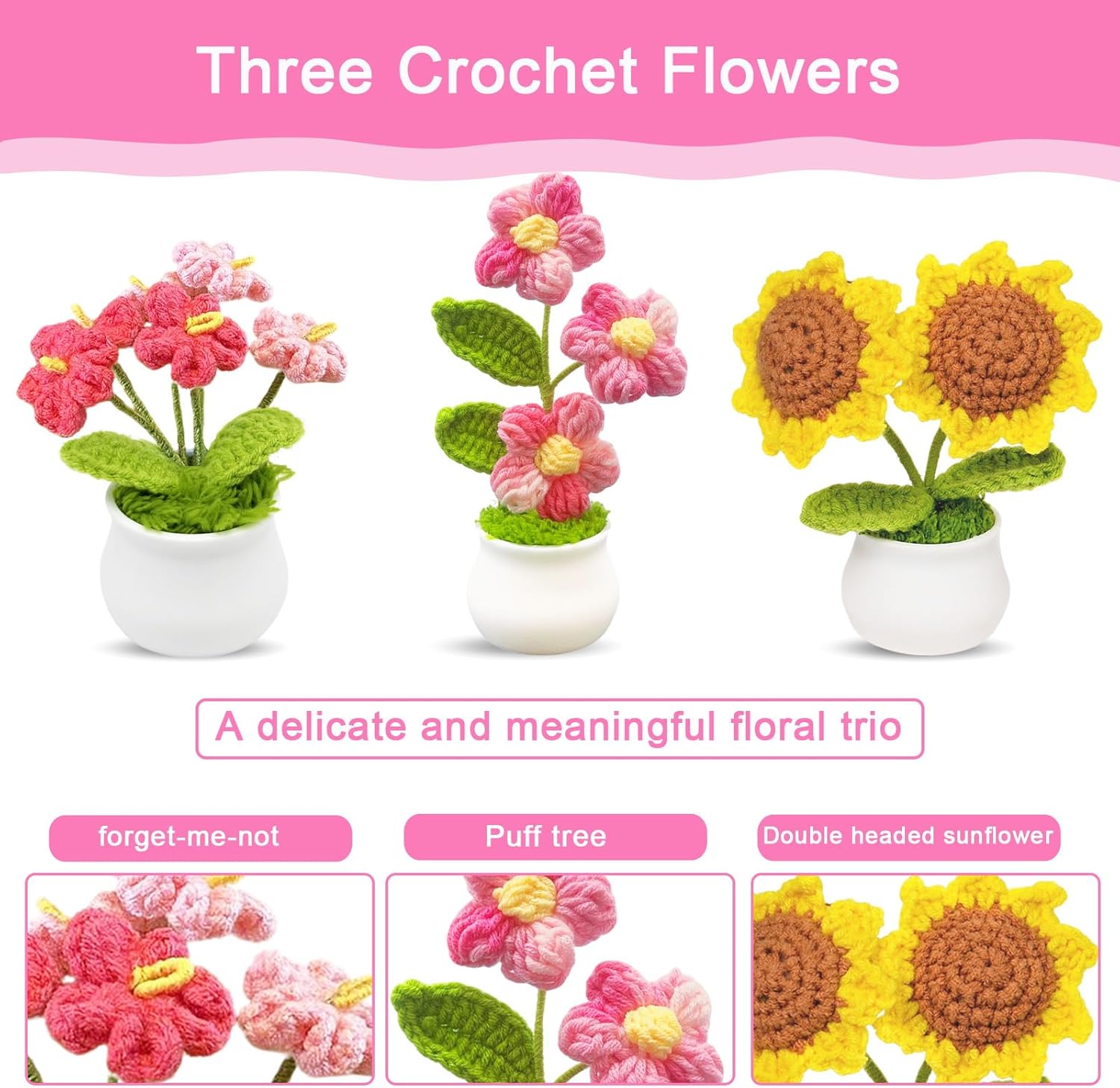 3pcs Crochet Flowers Cute Potted Flower,Mini Flower Bouquet for Mom Wife, Cute Desk Decor for Women,Artificial Handmade Flowers for Car Dashboard,Home Office Decoration (Color#1)