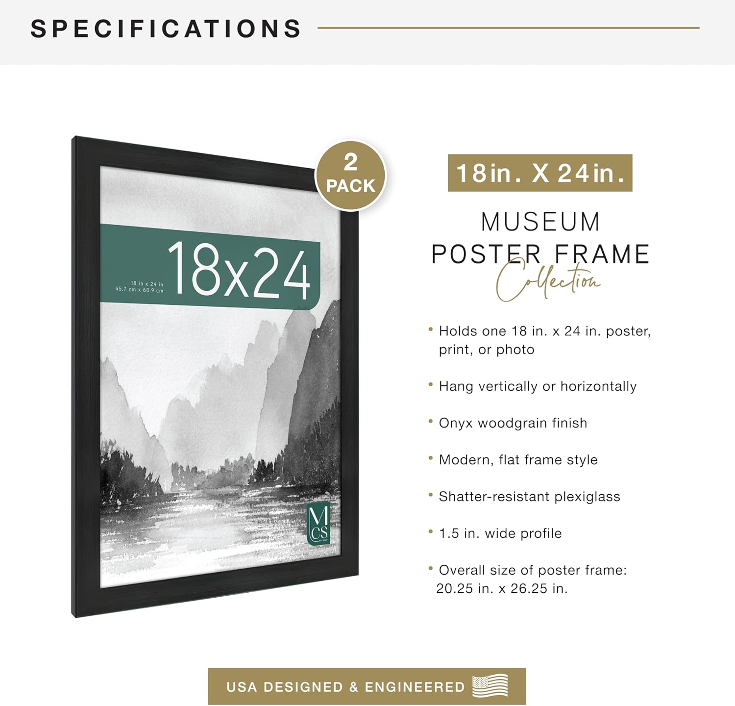 MCS Museum Poster Frame 18x24 Onyx, Vertical & Horizontal Wall Hanging Large Picture Frame for Photos, Posters & Art Prints (2-Pack)