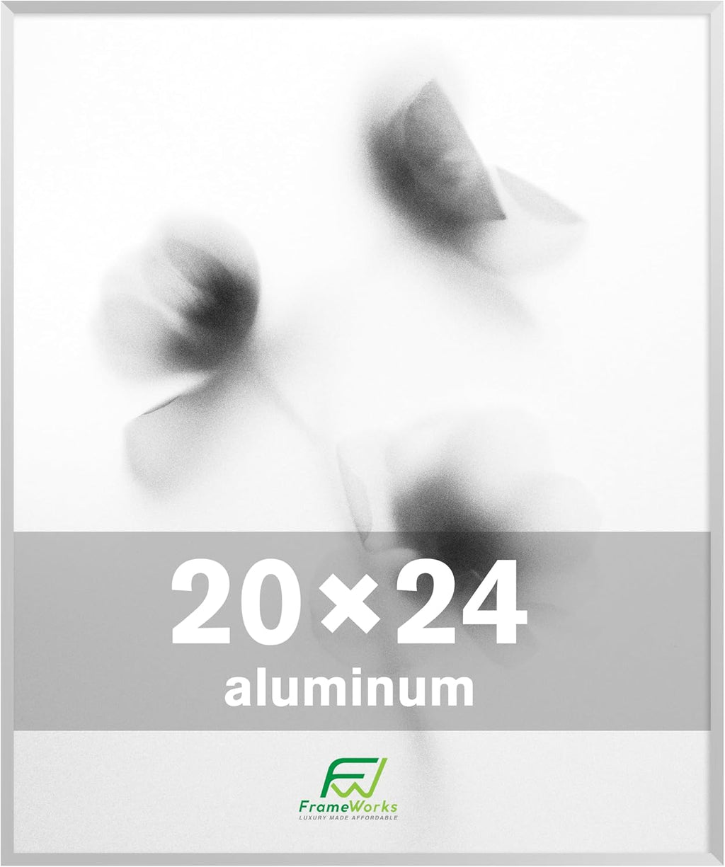 FrameWorks 20x24 Brushed Aluminum Poster Frames – Modern Brushed Metal Design w/Shatterproof Plexiglass, Perfect for Posters, Artwork, Paintings, Wall Displays – Home or Office Decor, Silver - 1 Pack