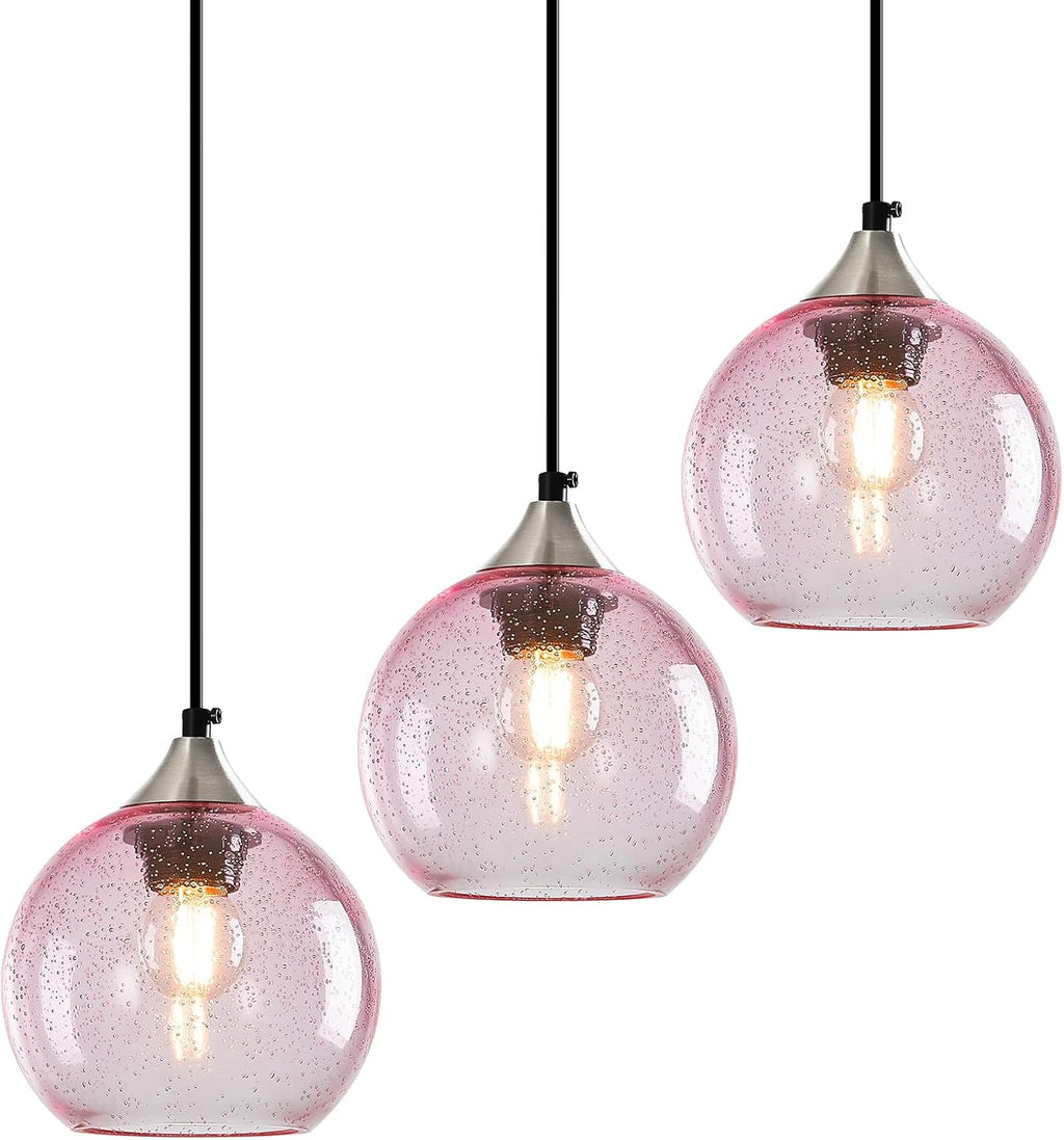 Pink Glass Pendant Lights Kitchen Island Globe Pendant Light Fixtures Modern Pendant Lighting for Bedroom Living Dining Room Light Fixture (5.9 in, 3 Pack)