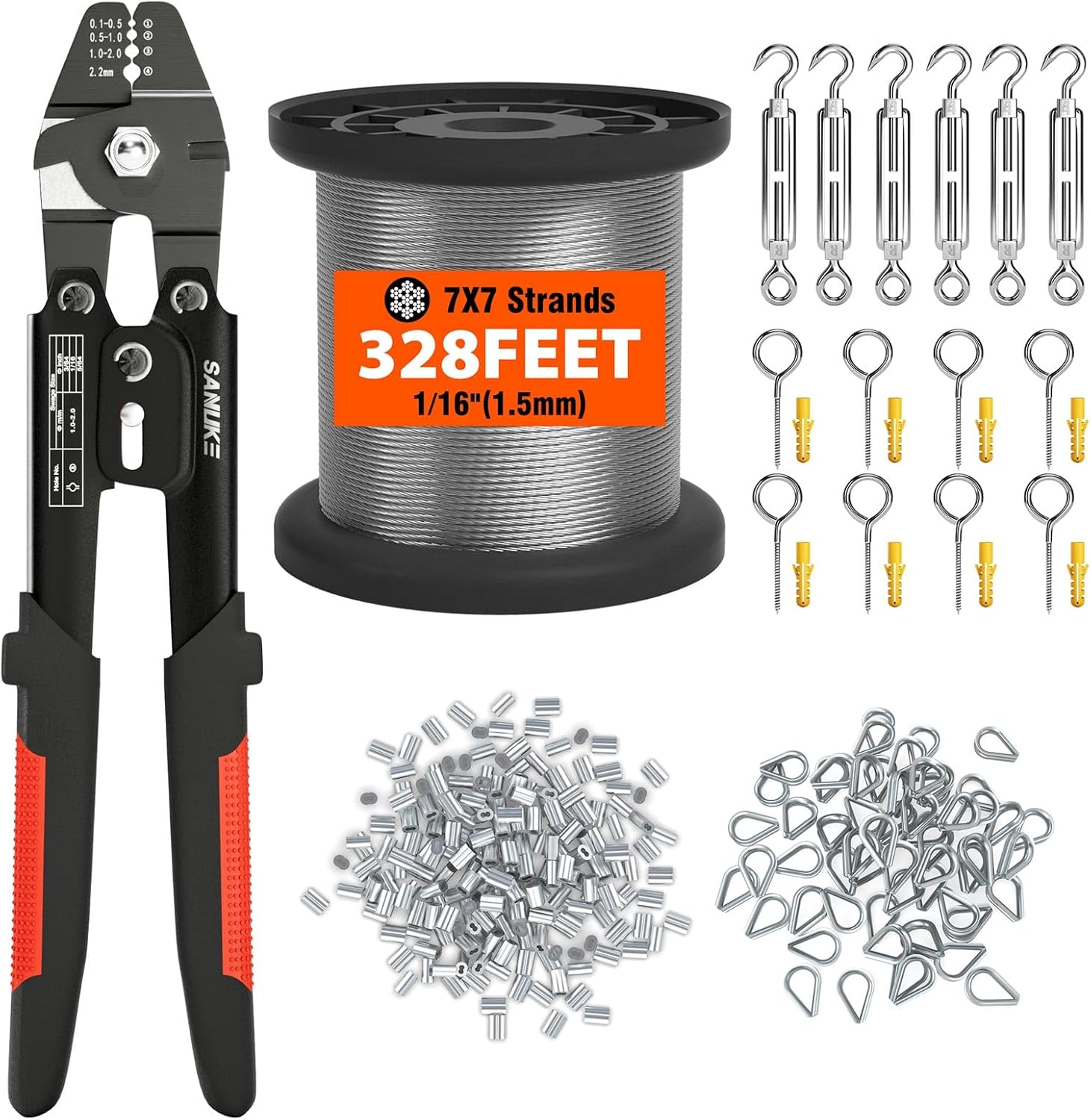 Sanuke Wire Rope Crimp Kit, 328ft 1/16 Inch Wire Rope Cable with 200pcs Crimping Sleeves and 50pcs Thimbles, 6pcs M4 Hook & Eye Turnbuckle and 8pcs Eye Screws for Railing, Decking, Hanging