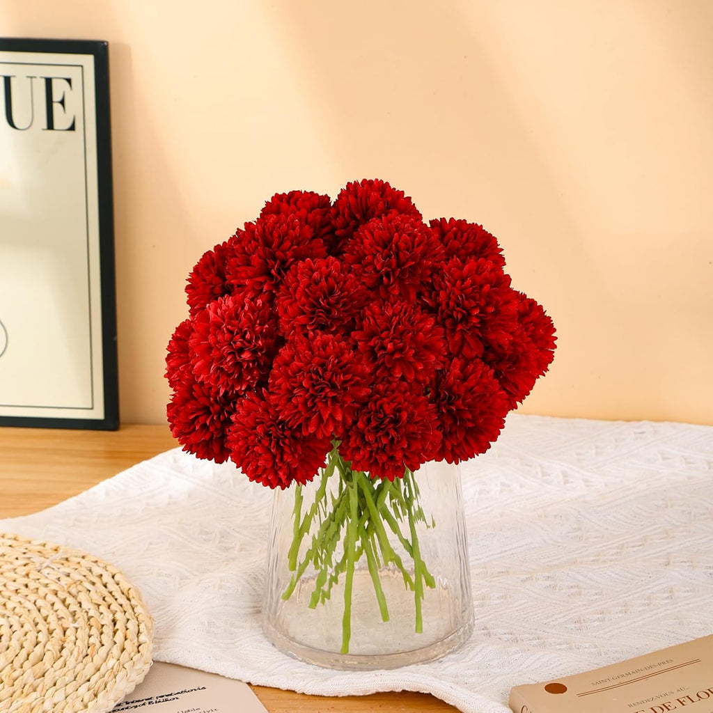 Kimura's Cabin 20pcs Fake Mums Flowers Artificial Silk Chrysanthemum Hydrangeas Ball for Wedding Arrangements Home Kitchen Party Table Centerpieces DIY Bouquets (Red)
