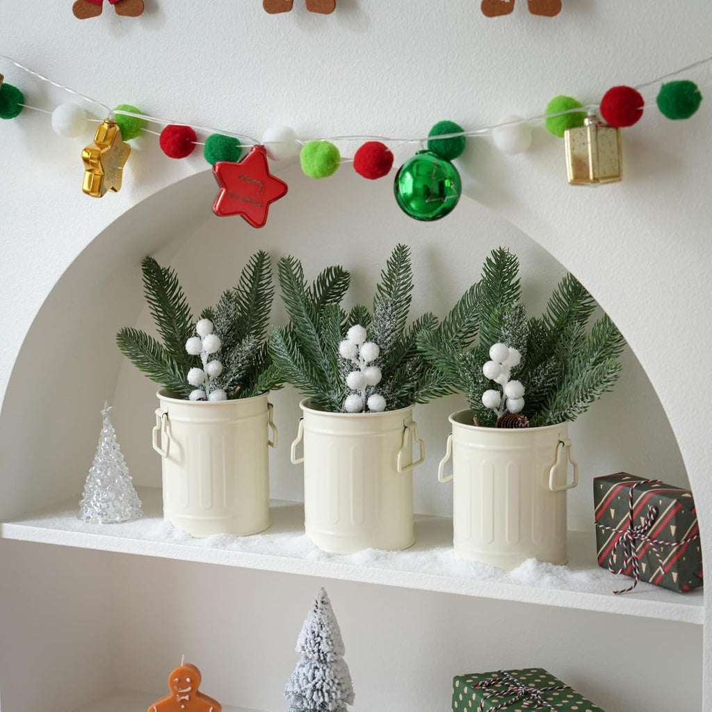White Christmas Centerpieces for Tables, 3 Pack Mini Christmas Artificial Pine Tree with Berries in Metal Pots, Farmhouse Winter Tabletop Xmas Decorations for Home, Mantel
