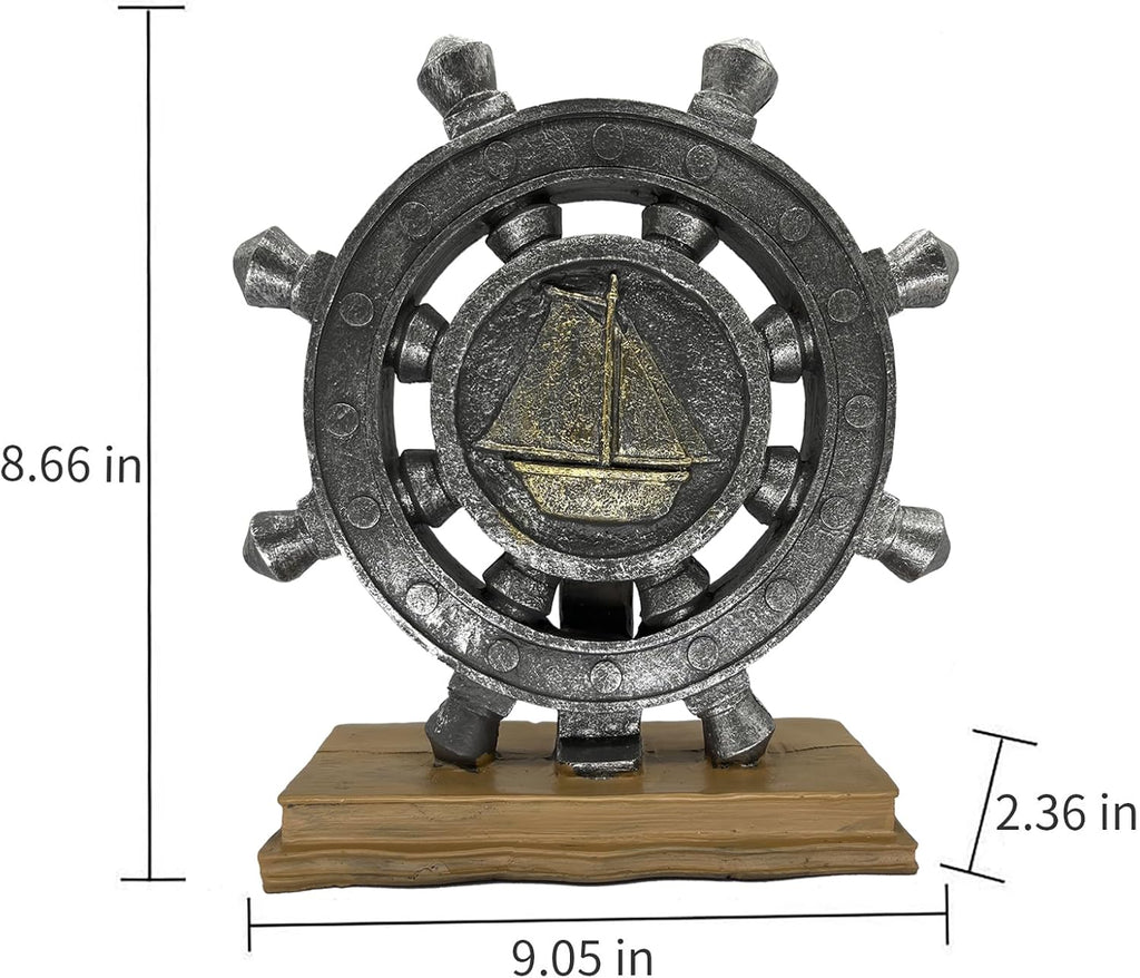 Ship Wheel Decor Rudder Sculpture - Mediterranean Style Khaki Nautical Boat Steering Model Pirate Boat Resin Handicraft Statue for Bookshelf Desktop Home Decoration