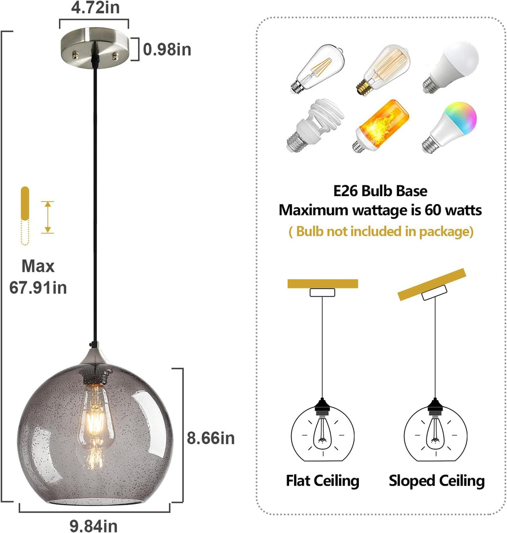 Light Grey Glass Pendant Lights Kitchen Island Globe Pendant Light Fixtures Modern Pendant Lighting for Bedroom Living Dining Room Light Fixture (9.84 in, 2 Pack)