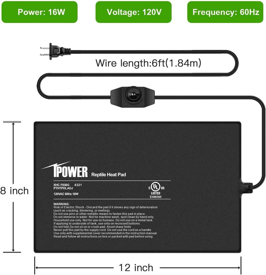iPower 8 by 12-Inch Reptile Heat Mat with Temperature Adjustment, LCD Digital Aquarium Thermometer, Terrarium Heating Pad for Reptiles & Amphibians