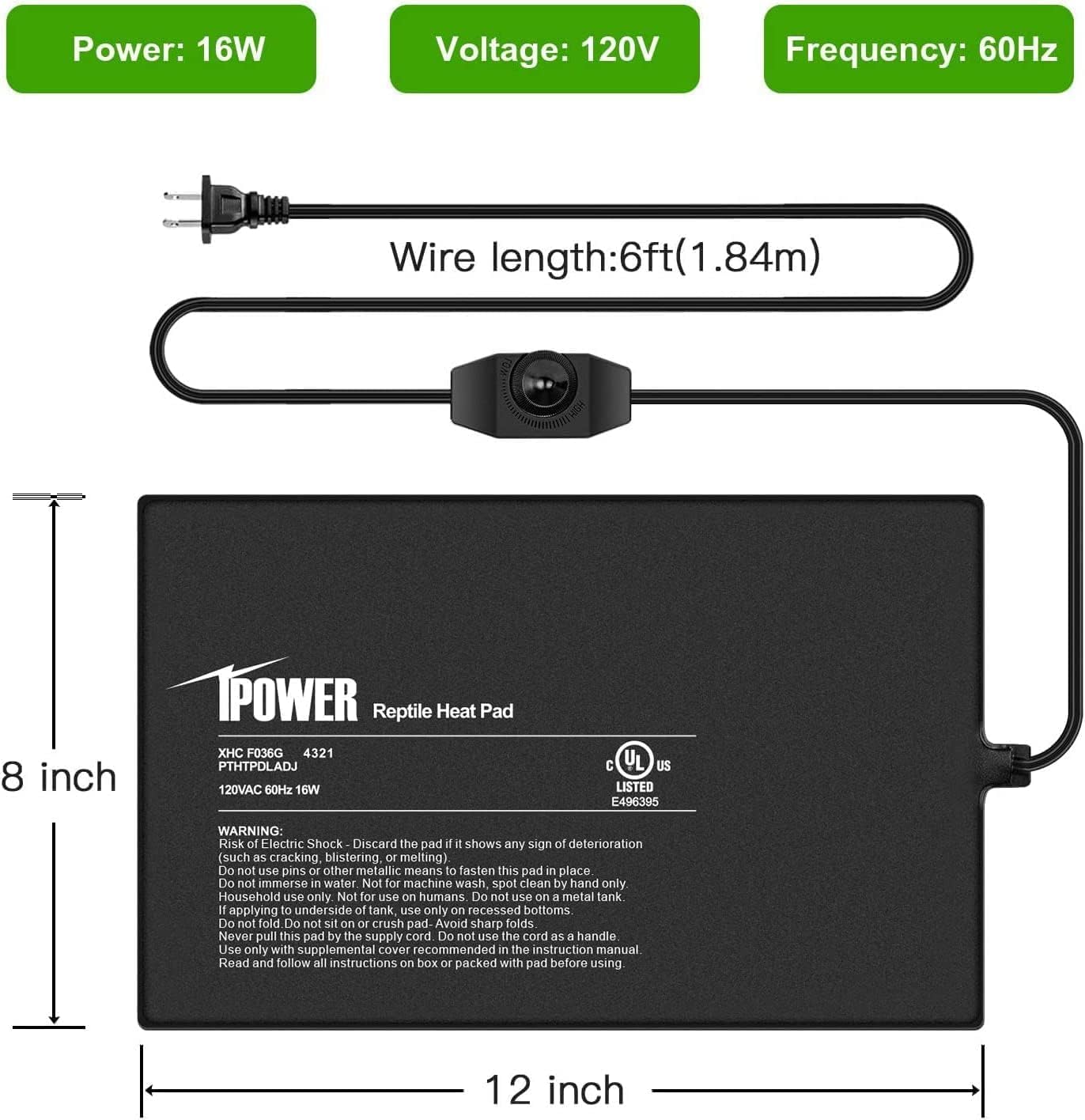 iPower 8 by 12-Inch Reptile Heat Mat with Temperature Adjustment, LCD Digital Aquarium Thermometer, Terrarium Heating Pad for Reptiles & Amphibians