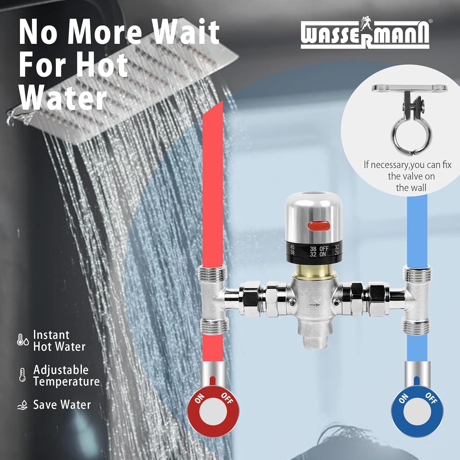 WASSERMANN Adjustable Temperature Sensor Valve Kit for Instant Hot Water Recirculating System，304 Stainless Steel Bypass Sensor Valve Replacement for the Plastic Sensor Valve