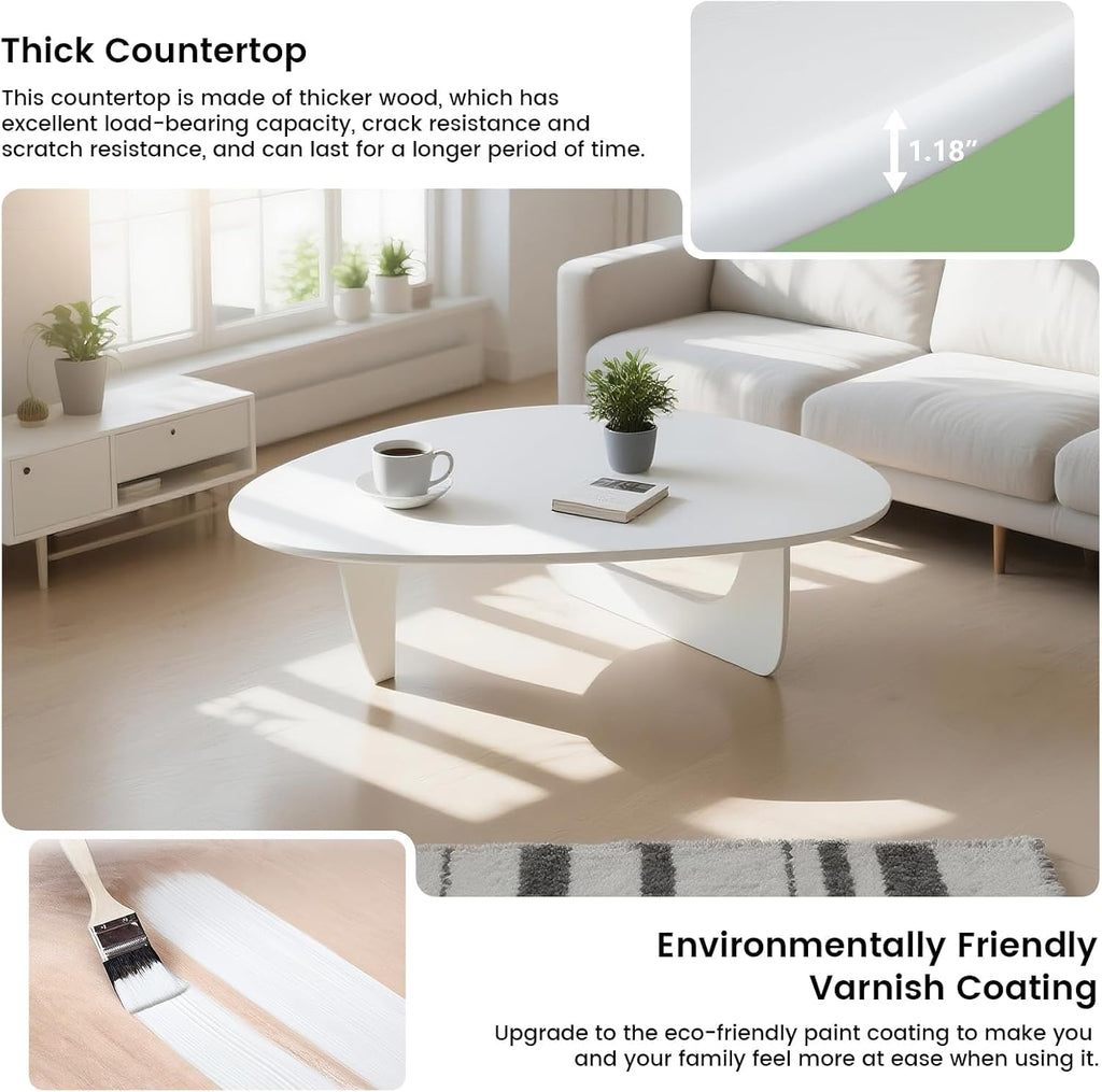Solid Wooden Modern Triangle Coffee Table: Unique Funky Coffee Tables for Living Room, Oval Mid-Century Irregular Abstract Tea Tables for Patio Office Balcony Bedroom (White, 33" L x 24" W x 16" H)
