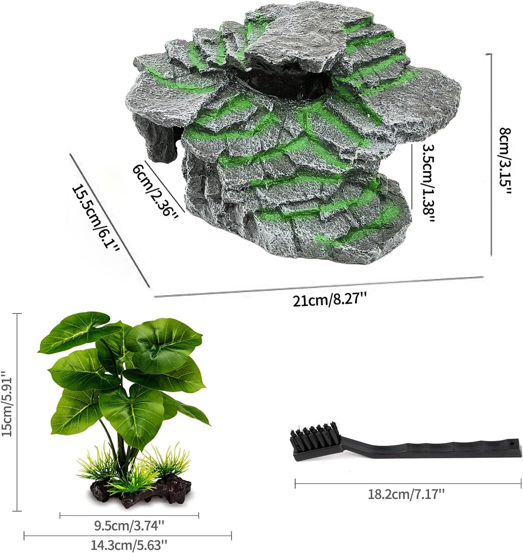 Turtle Basking Platform, Reptile Habitat Hideout, Decorative Resin for Aquarium & Terrarium, Including Artificial Plant and Cleaning Brush.(C-Medium-Black)