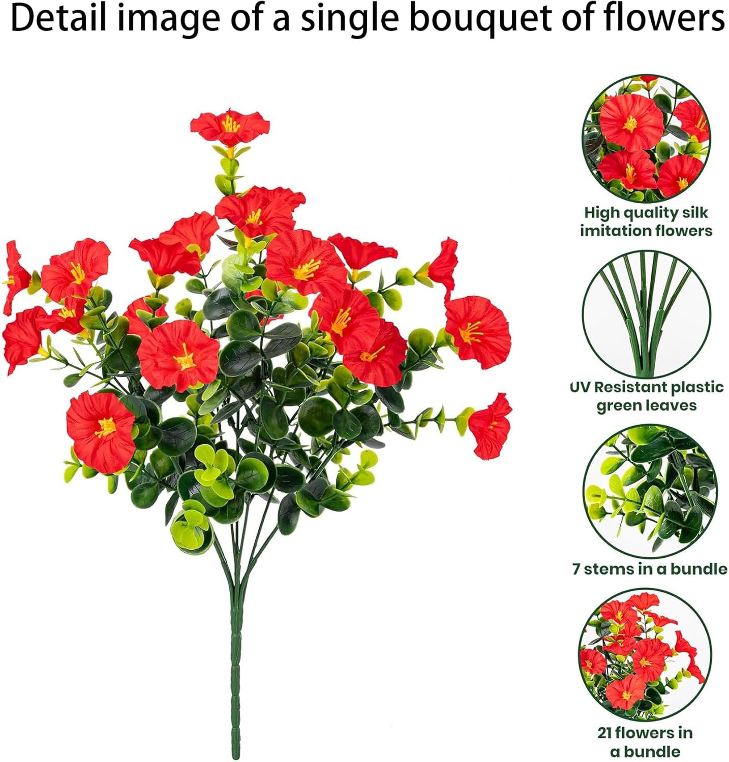 Artificial Outdoor Flowers 16 Bundles Fake Morning Glory Flower Outdoor UV Resistant Plastic Faux Flowers Plants for Decoration Indoor Outdoor Hanging Window Box Planter Home Porch Decor (Red)