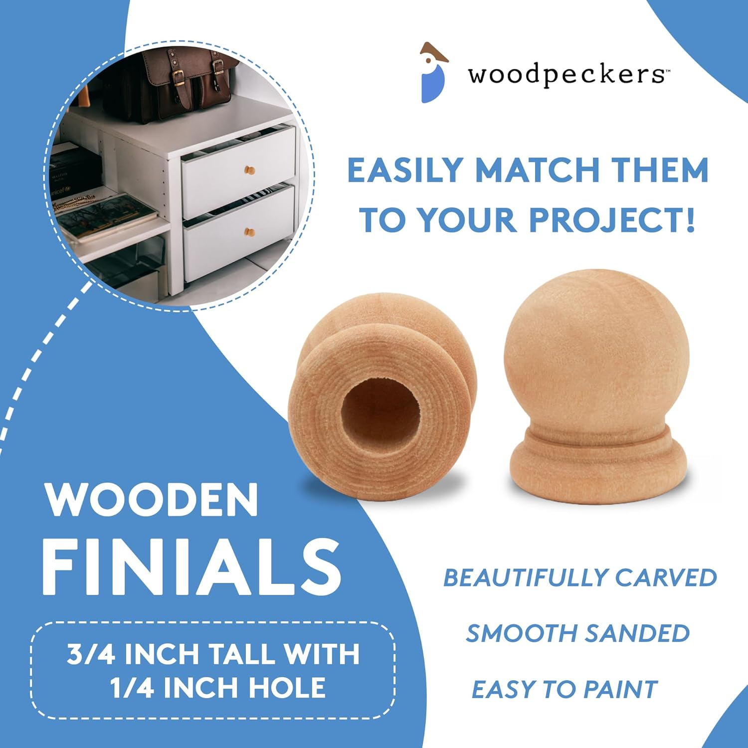 Wood Finials, 3/4 Inch Tall with 1/4 Inch Hole, Unfinished Wood Finials for 1/4 Inch Dowel Rods, Wood Dowel Caps for Crafts and DIY, Pack of 100 by Woodpeckers