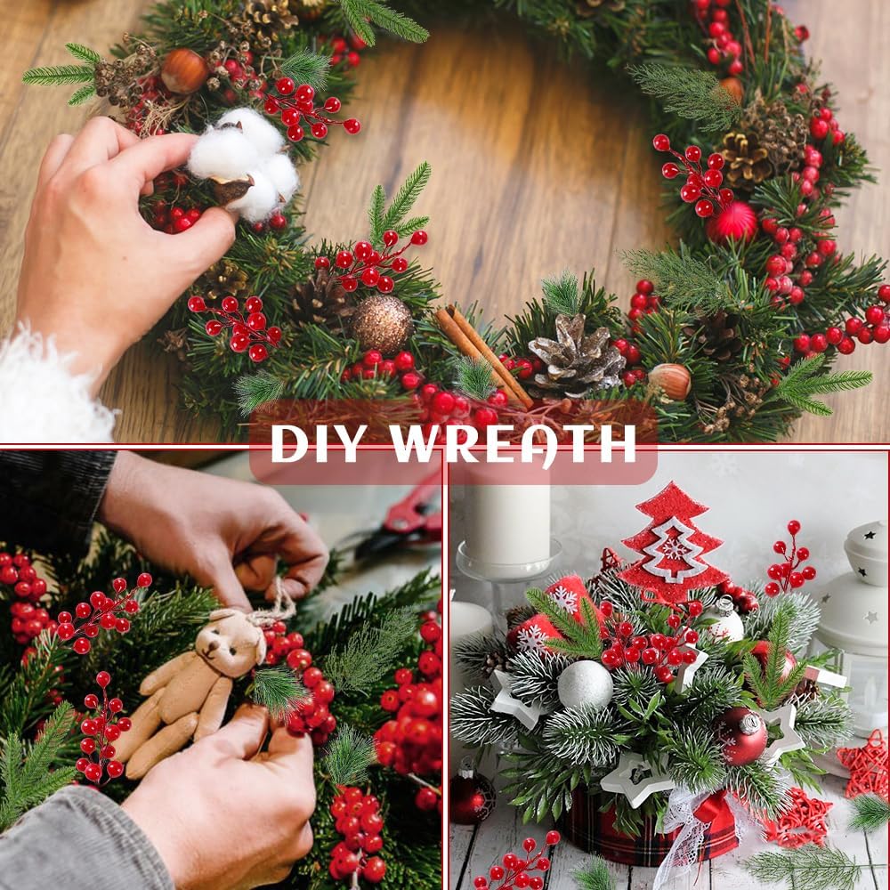 60 PCS Artificial Pine Branches Christmas Faux Pine Greenery Stems Red Holly Berries Fake Cedar Pine Needles Picks for Christmas Tree Wreath Garland DIY Crafts Holiday Home Decoration