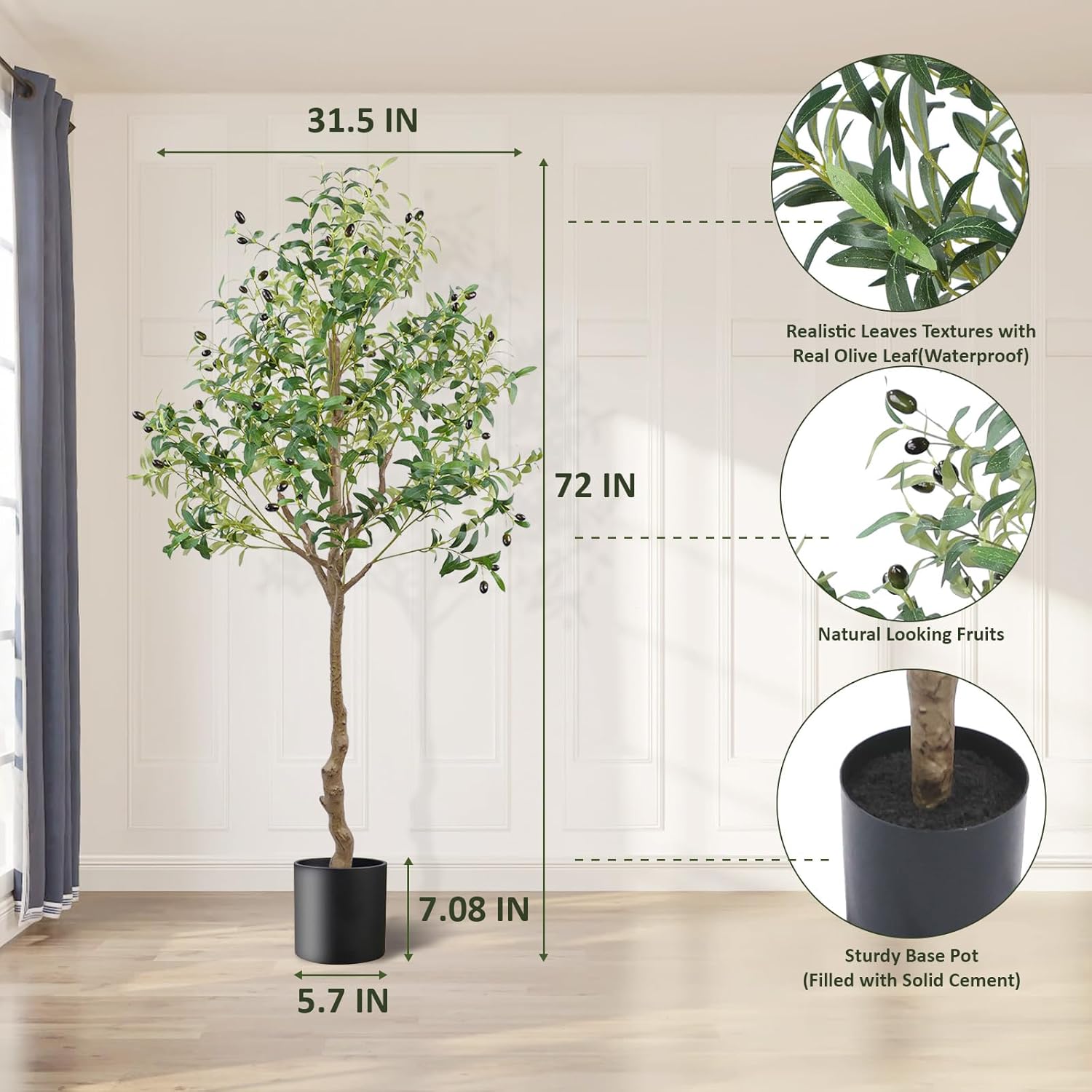 ANTING Artificial Olive Tree, 6FT Tall Faux Olive Tree with Pot, 72in Artificial Plants Indoor Silk Plants with Realistic Trunk,1150 Leaves and Lifelike 44 Fruits for Home Office Decor Outdoor（1pack）
