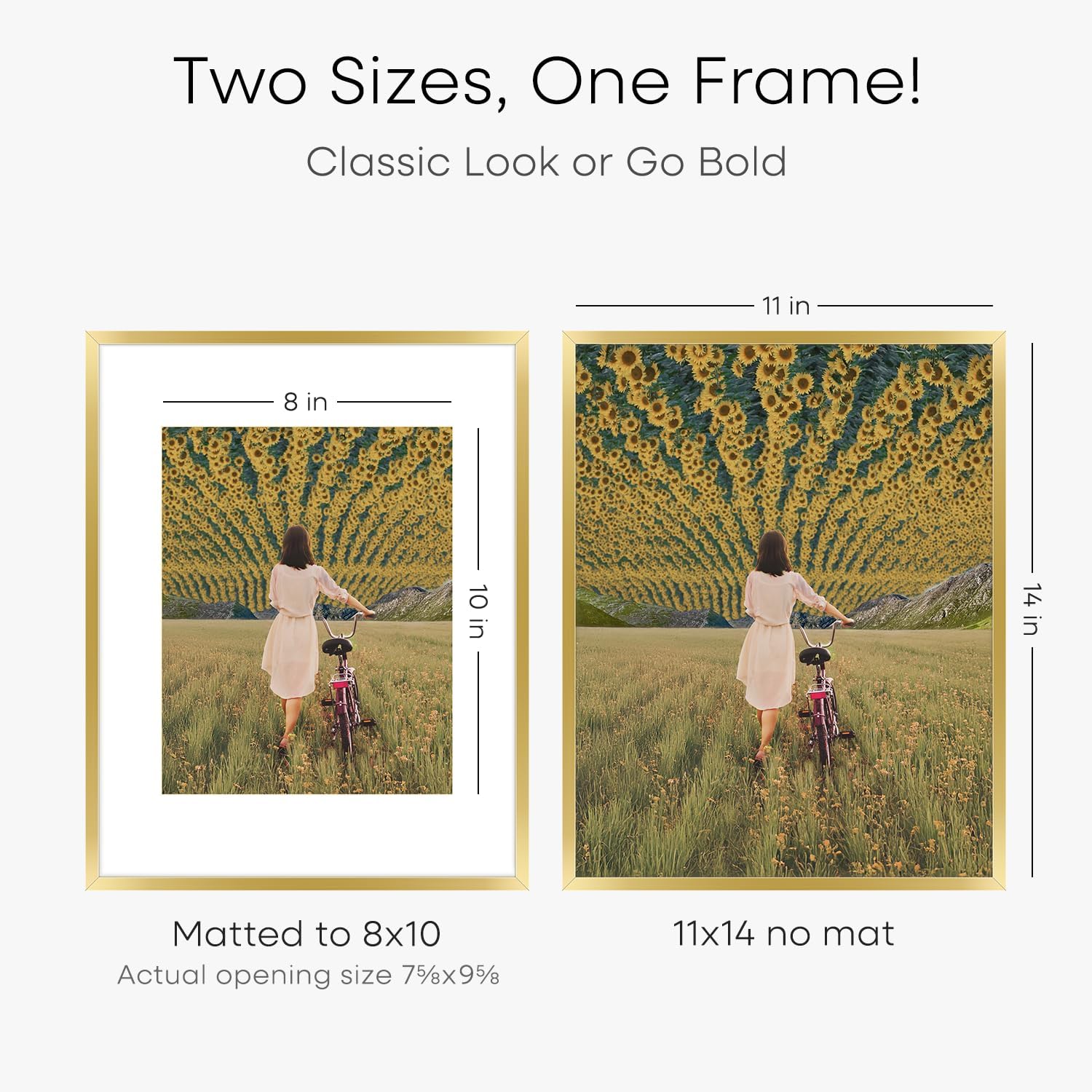 Homeforia 11x14 Picture Frame Gold, High End Metal 11x14 Poster Frames with Mat for 8x10, 11 x 14 Gold Frame Matted to 8 x 10 inch Photo, 11by14 Thin Hanging Frames, Tempered Glass, Wall Kit, Set of 3