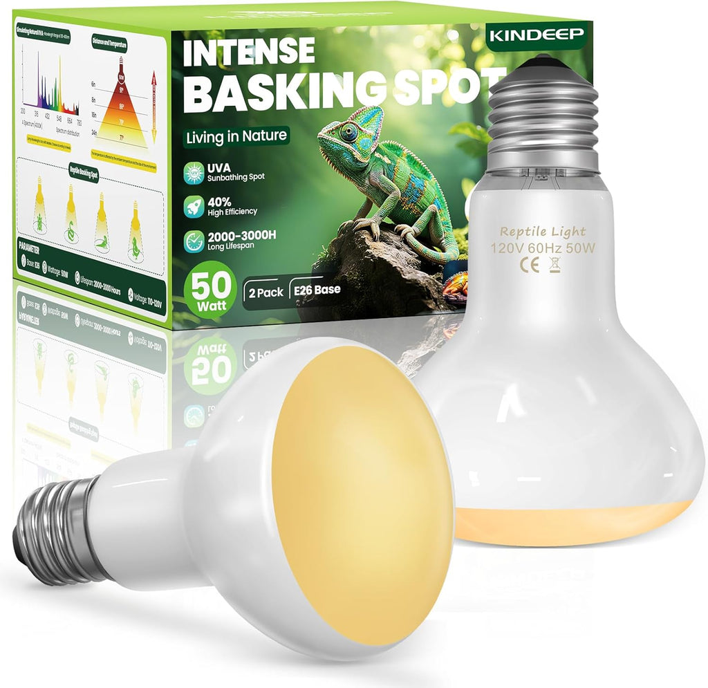 KINDEEP Reptile Basking Light Bulb: 50W Reptile Heat Lamp 2 Pack UVA Daylight Basking Bulb for Amphibian Bearded Dragon Lizard Tortoise Turtle Snake Chicken Pets Heating
