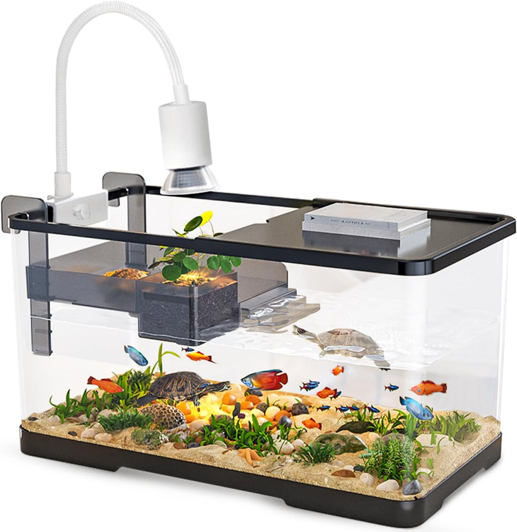 (Tank + Light + Filter Balls) Turtle Tank Kit, Turtle Tank Starter Kit,Bottom Drainage, Multi-Function Areas for Turtles, Crabs,Fishes, Amphibians,Reptiles. (11.81 × 7.88 × 7.88 Inch)