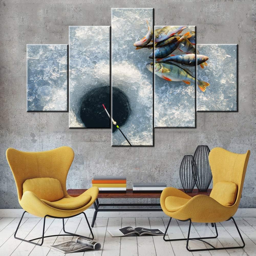 TUMOVO Multi Panel Wall Art Winter Fishing Pictures Many Fishes Paintings for Living Room Prints on Canvas Landscape Artwork Giclee House Decor Stretched and Framed Ready to Hang Gift(60''W x 40''H)