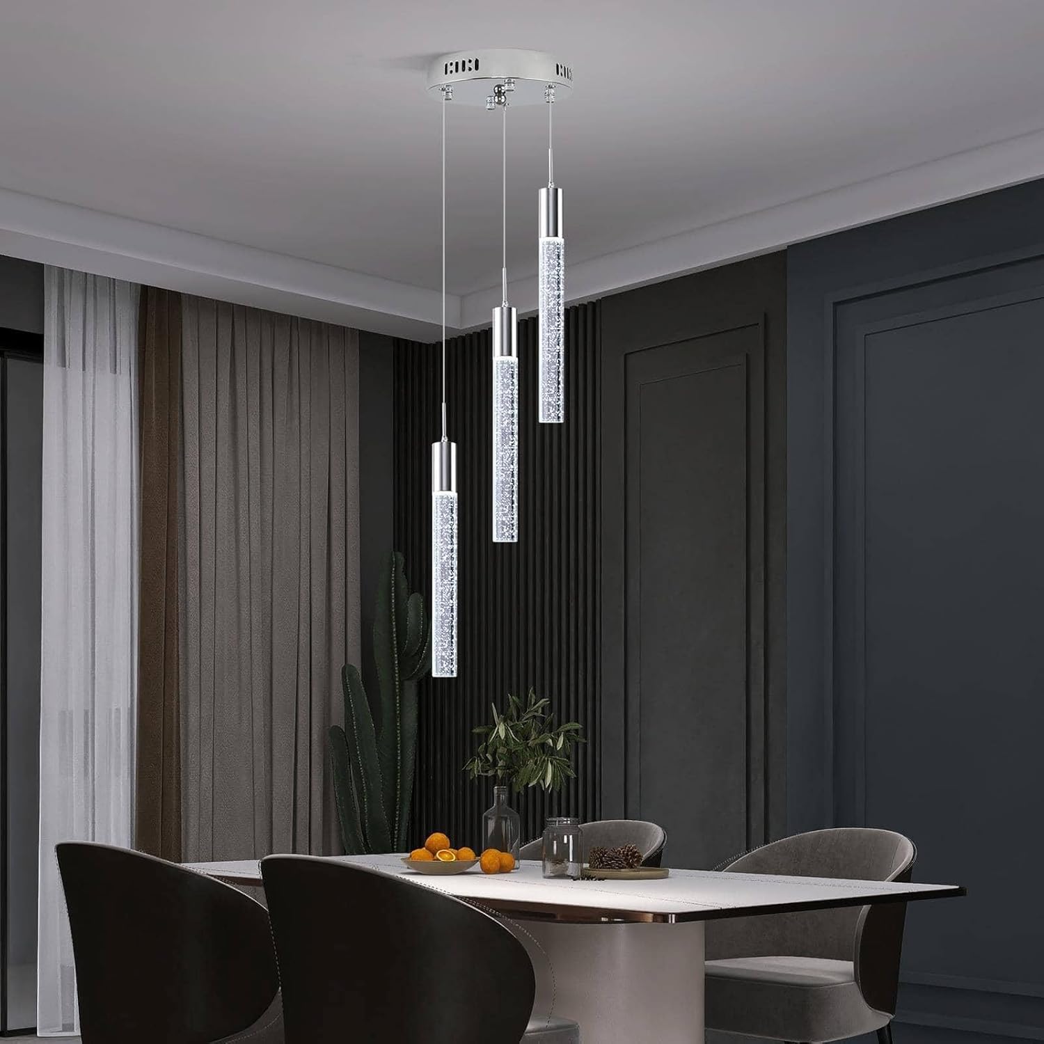 Modern Crystal Chandelier 3-Lights, Spiral LED Raindrop Kitchen Island Pendant Lighting, Bubble Foyer Dinimg Room Hanging Light Fixture Remote Control Chrome