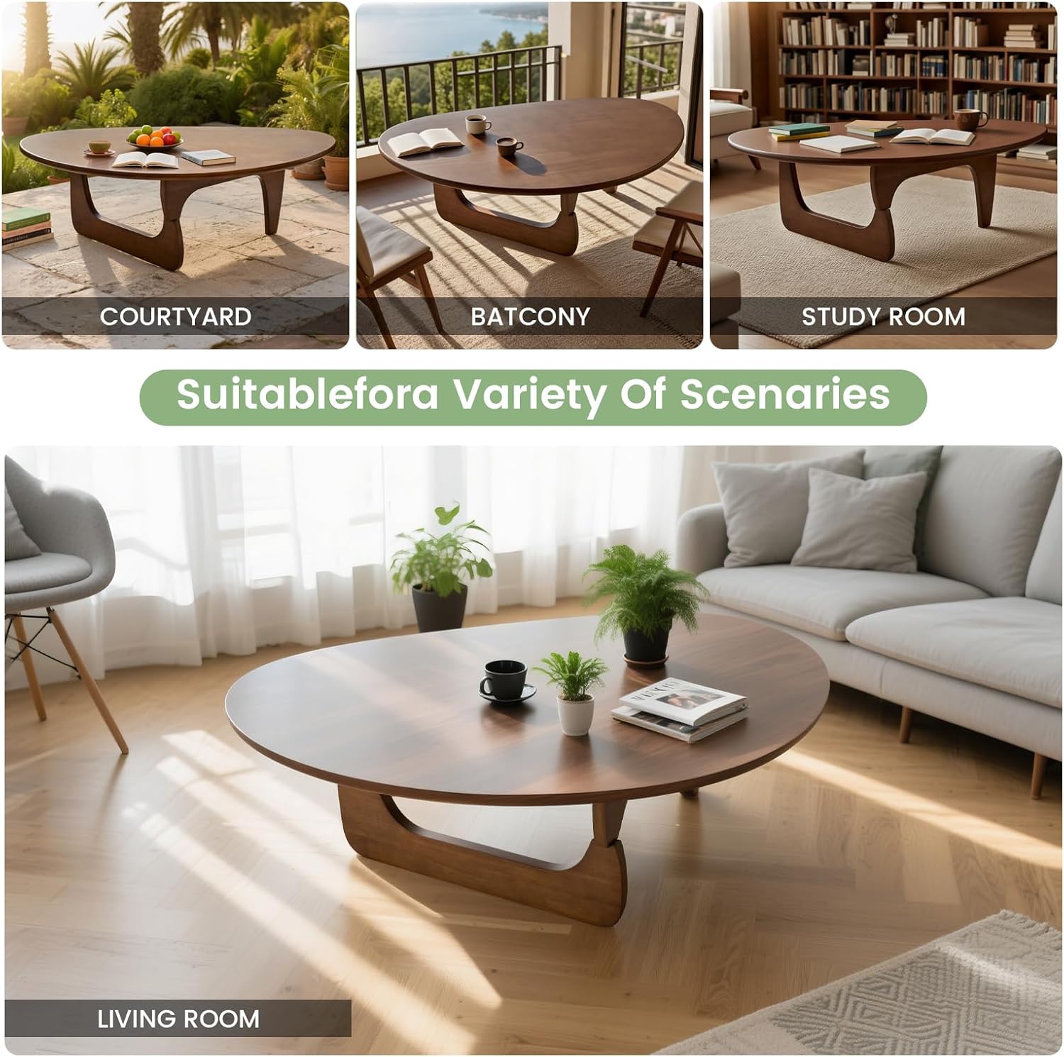 Solid Wooden Modern Triangle Coffee Table: Unique Funky Coffee Tables for Living Room, Oval Mid-Century Irregular Abstract Tea Tables for Patio Office Balcony Bedroom (Walnut, 35" L x 24" W x 16" H)