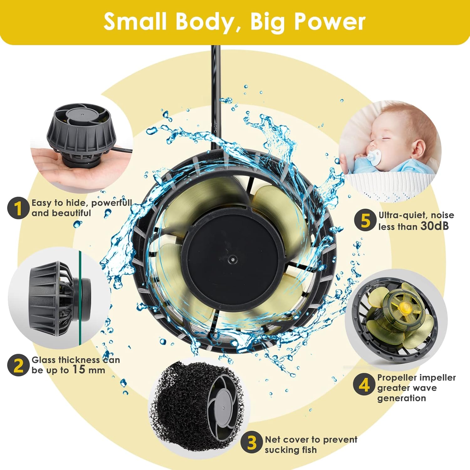 hygger 3400 GPH Aquarium Inverter Wavemaker Pump with LED Controller, DC 24V 18W Ultra-quiet Submersible Power Head with Magnetic Base, Circulation Pump for 75-200 Gal Freshwater Saltwater Tank