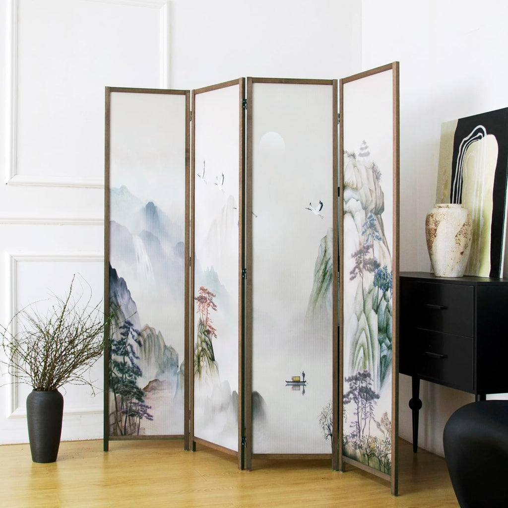 4 Panel Room Divider Folding Privacy Screen,5.6 FT Tall Double Faced Panel Screen,Blackout Panel Divider for Room Seperation,Plain Landscape