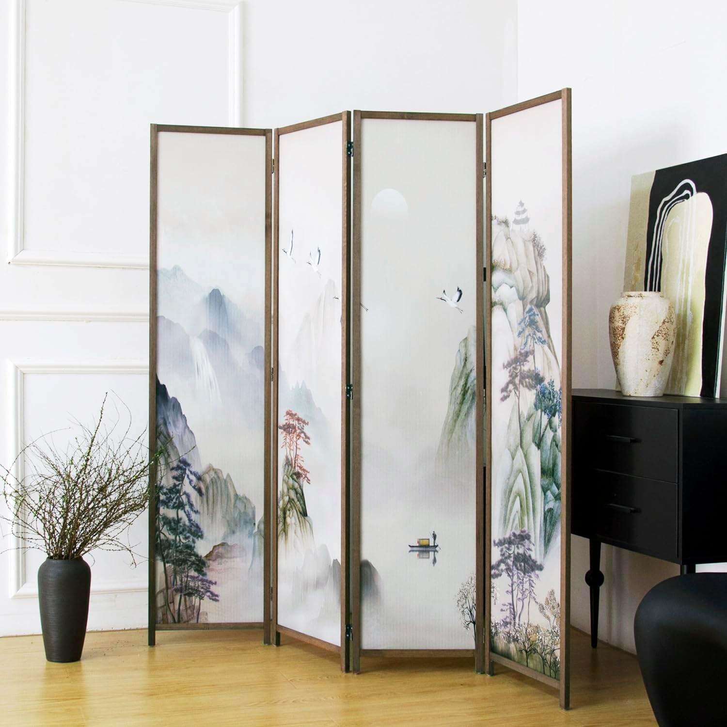 4 Panel Room Divider Folding Privacy Screen,5.6 FT Tall Double Faced Panel Screen,Blackout Panel Divider for Room Seperation,Plain Landscape